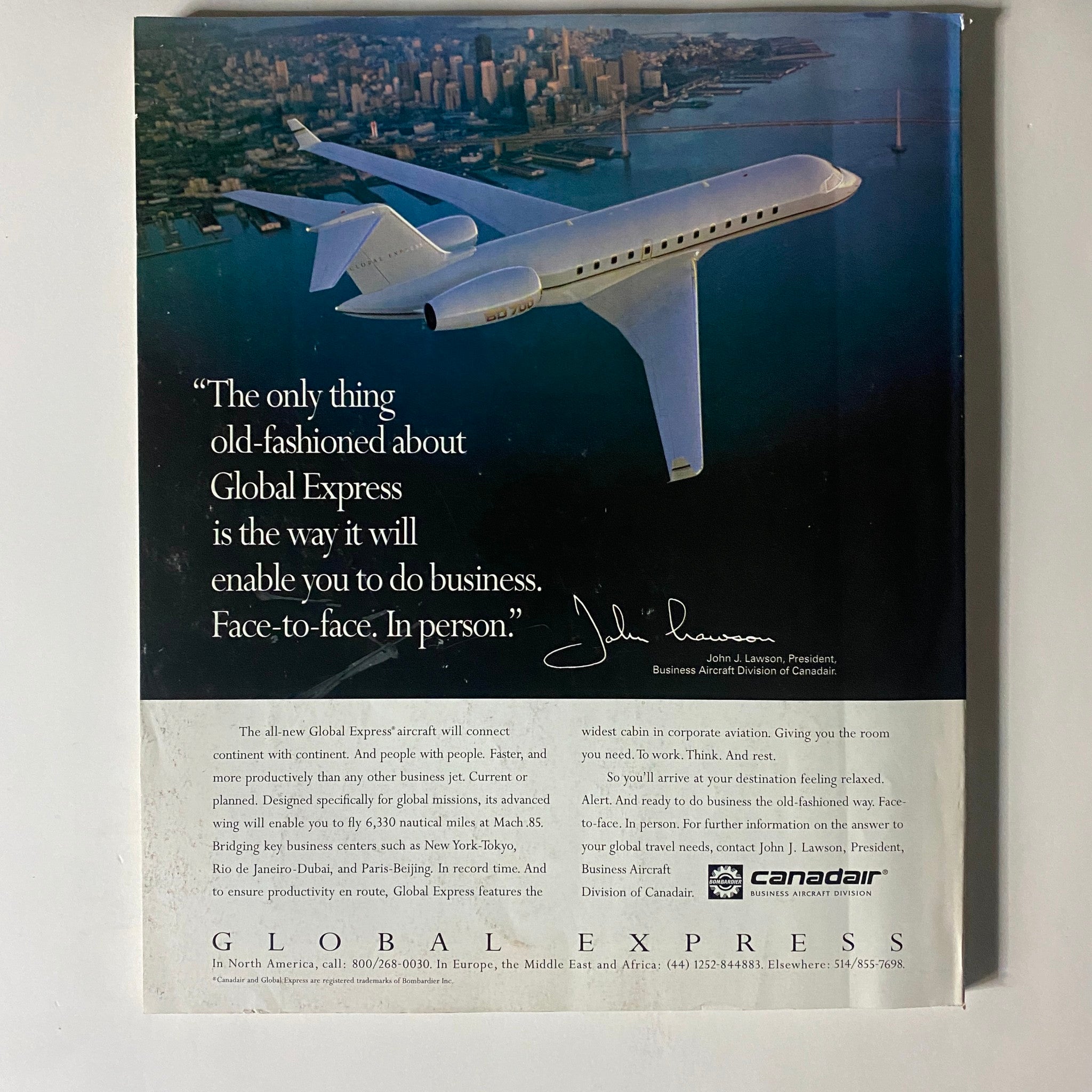Back cover advertisement of the Fortune Magazine October 30, 1995 issue promoting Global Express business aircraft, featuring an image of a jet flying over a city skyline.