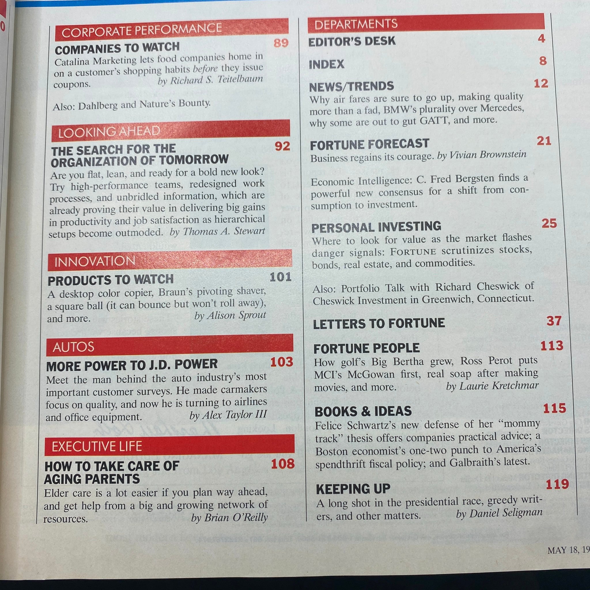 Table of contents from Fortune Magazine May 18, 1992, showcasing corporate performance, innovation, and executive life topics.