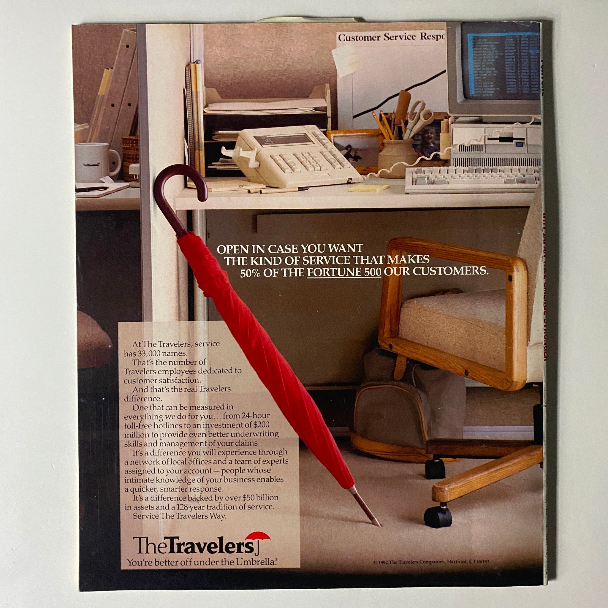 Advertisement from Fortune Magazine May 18, 1992 featuring The Travelers, highlighting customer service dedicated to Fortune 500 companies.