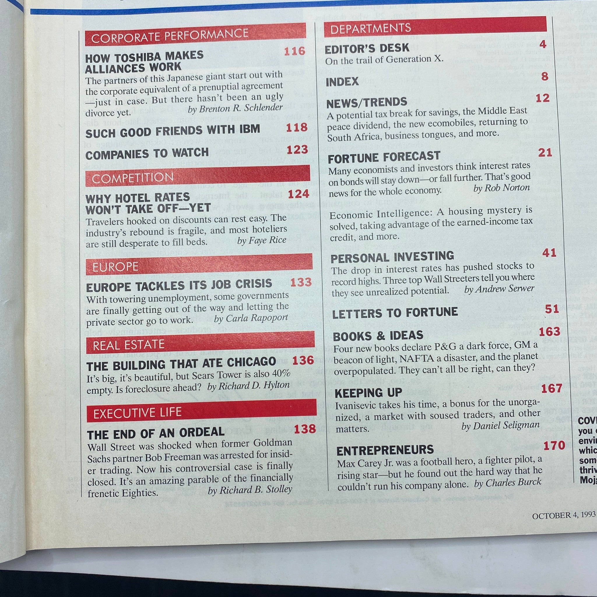 Table of contents from Fortune Magazine, October 4, 1993, listing articles about corporate performance, competition, and economic insights including 'How Toshiba Makes Alliances Work' and 'Why Hotel Rates Won't Take Off—Yet'.