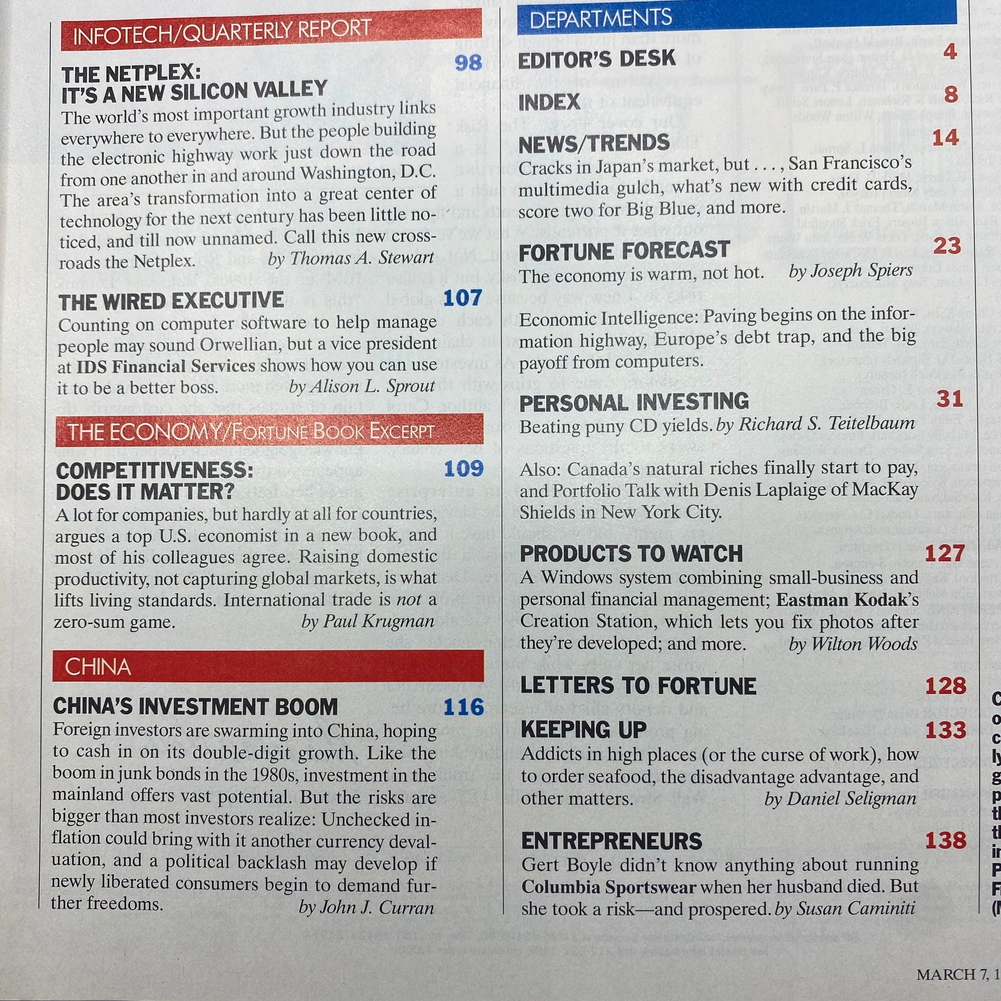 Contents page of Fortune Magazine March 7, 1994, listing articles including 'The Netplex: It's a New Silicon Valley', 'China's Investment Boom', and other key economic topics.