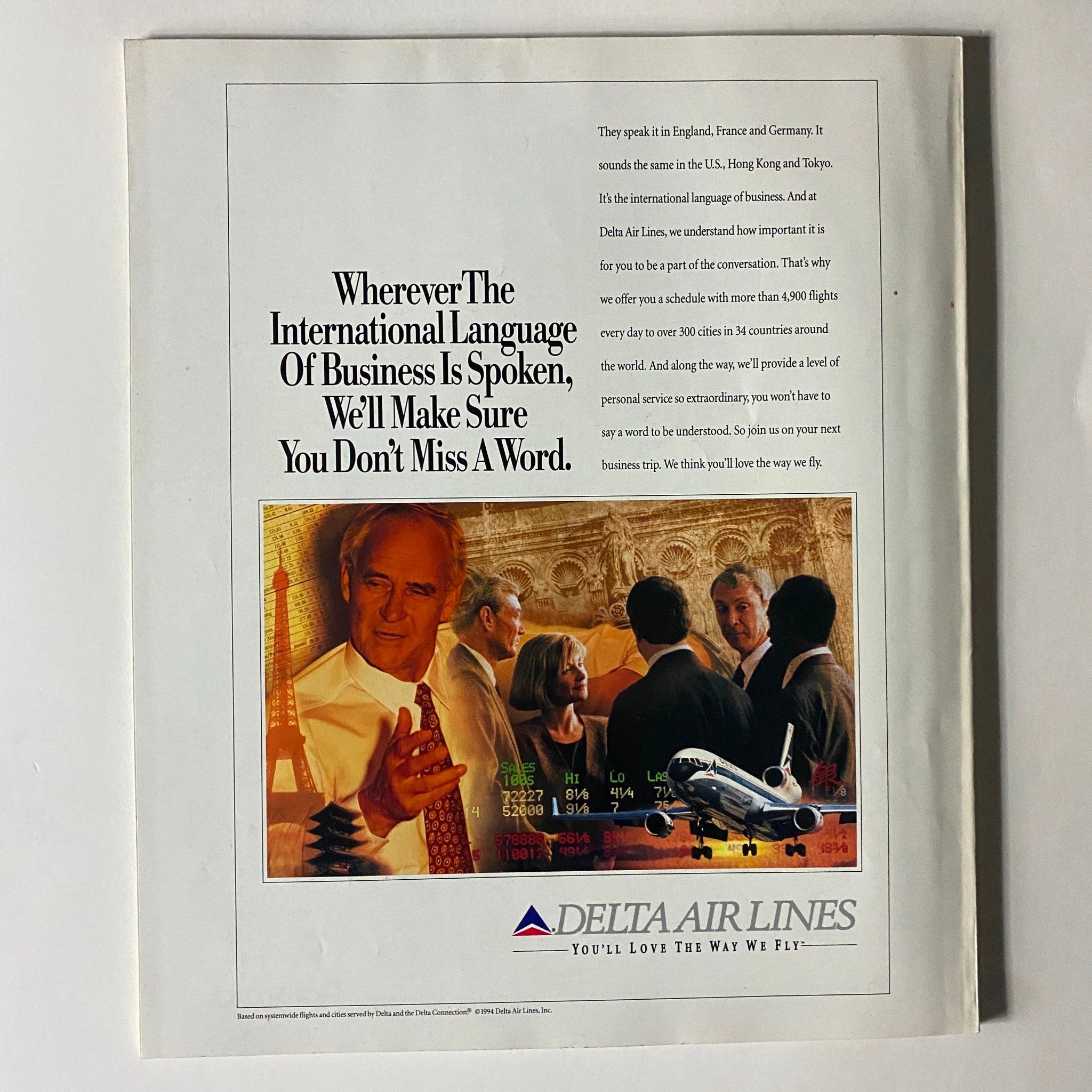 Advertisement from Fortune Magazine March 7, 1994 for Delta Air Lines, emphasizing international business travel and communication.
