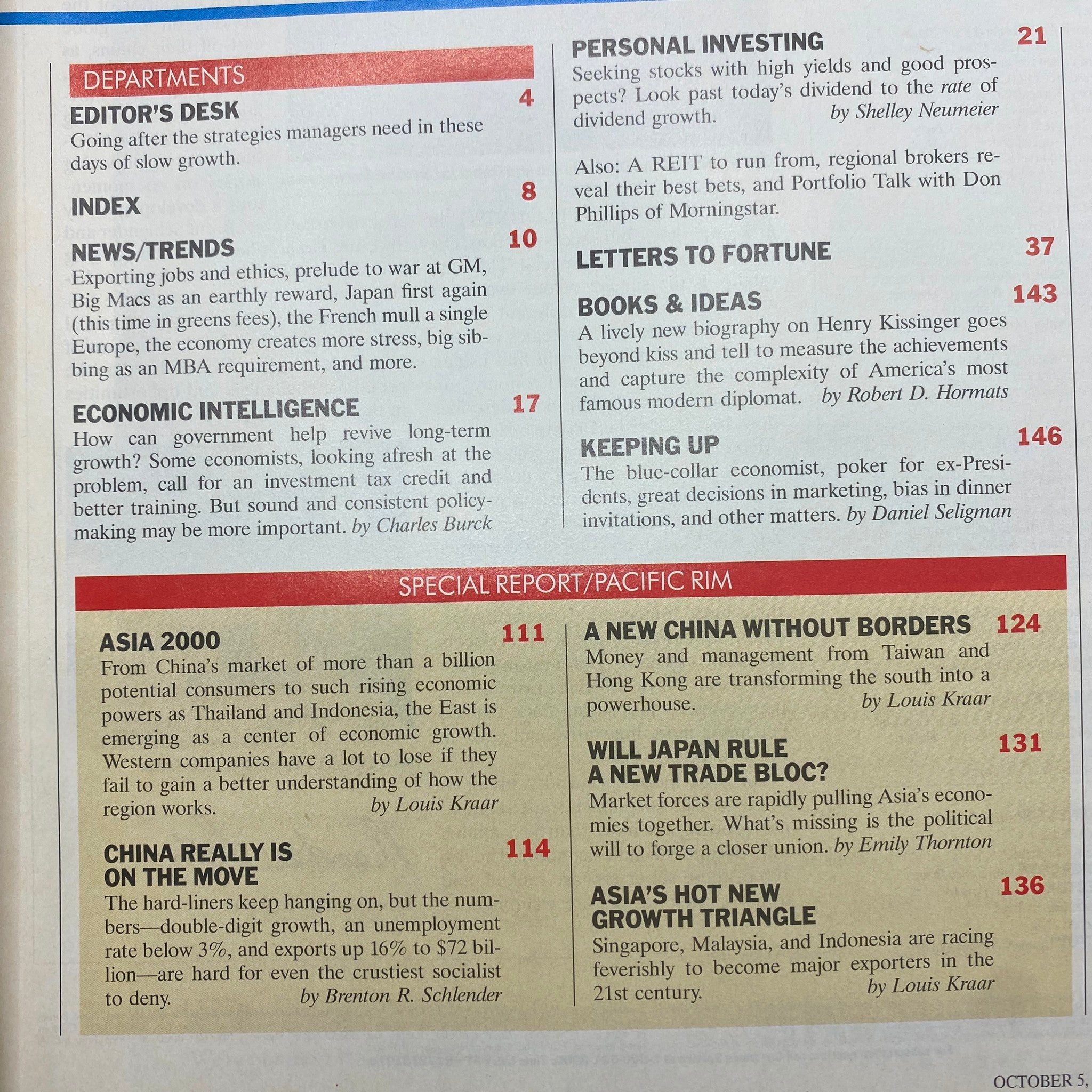 Contents page of Fortune Magazine, October 5, 1992, detailing sections including economic intelligence, Asia growth predictions, and personal investing tips, along with notable articles.