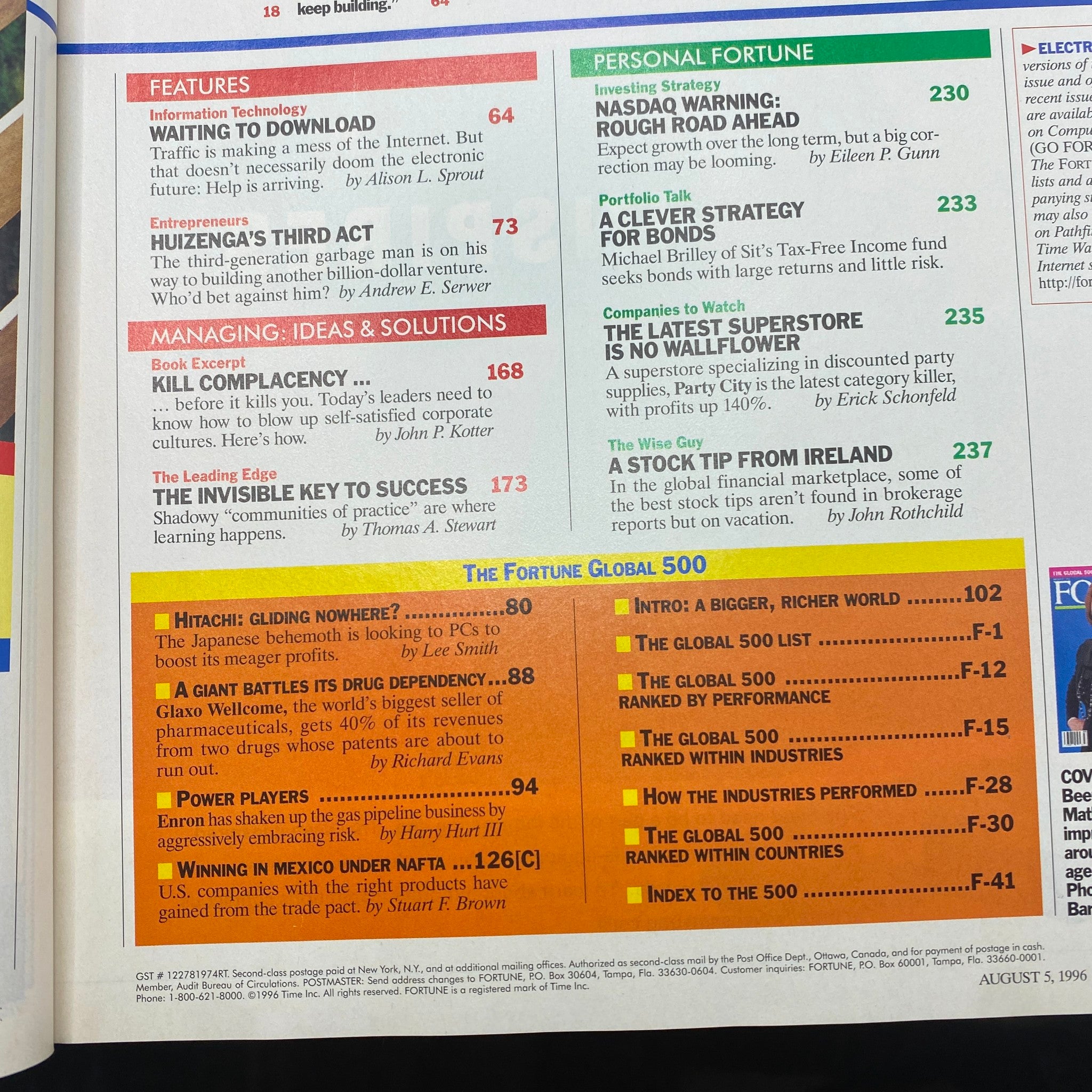 Table of contents from Fortune Magazine August 5, 1996 highlighting articles like 'Waiting to Download' and 'Huizenga’s Third Act'.