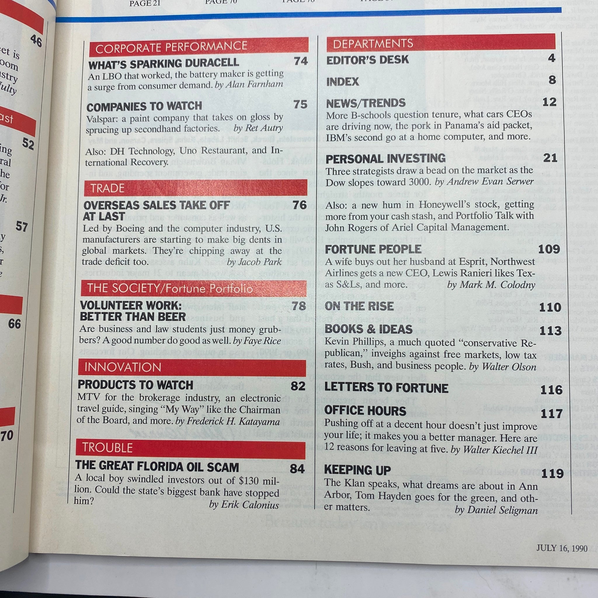 Interior page of Fortune Magazine July 16, 1990, showcasing articles such as 'What's Sparking Duracell' and 'Companies to Watch', featuring topics on corporate performance and trade.