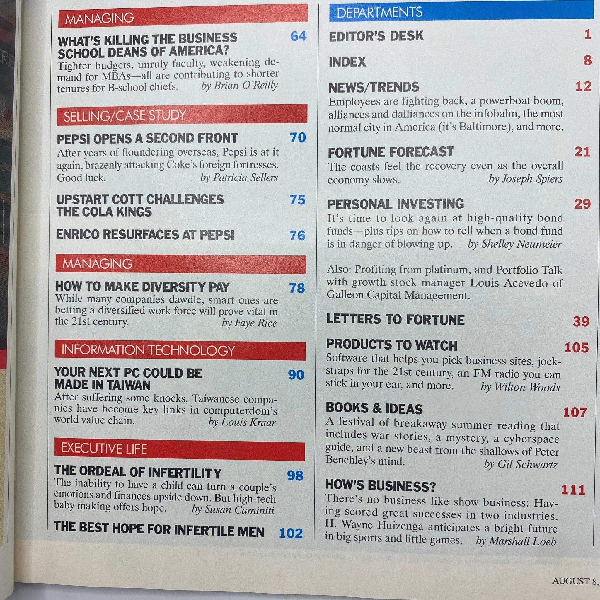 Table of contents from Fortune Magazine August 8, 1994, listing insightful articles about business management, Pepsi's strategy, and more.
