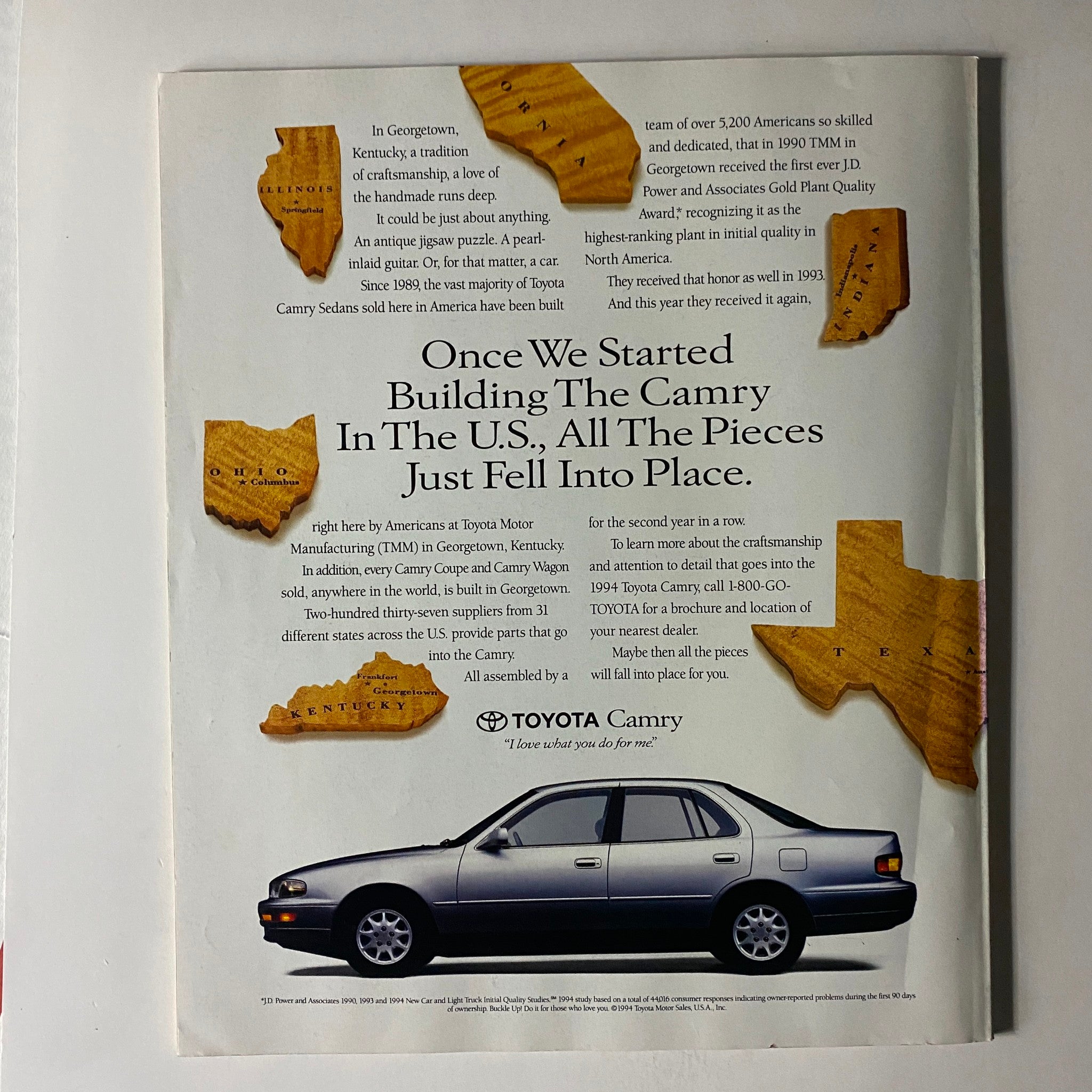 Advertisement from Fortune Magazine August 8, 1994, showcasing the Toyota Camry manufactured in the U.S., emphasizing American craftsmanship.