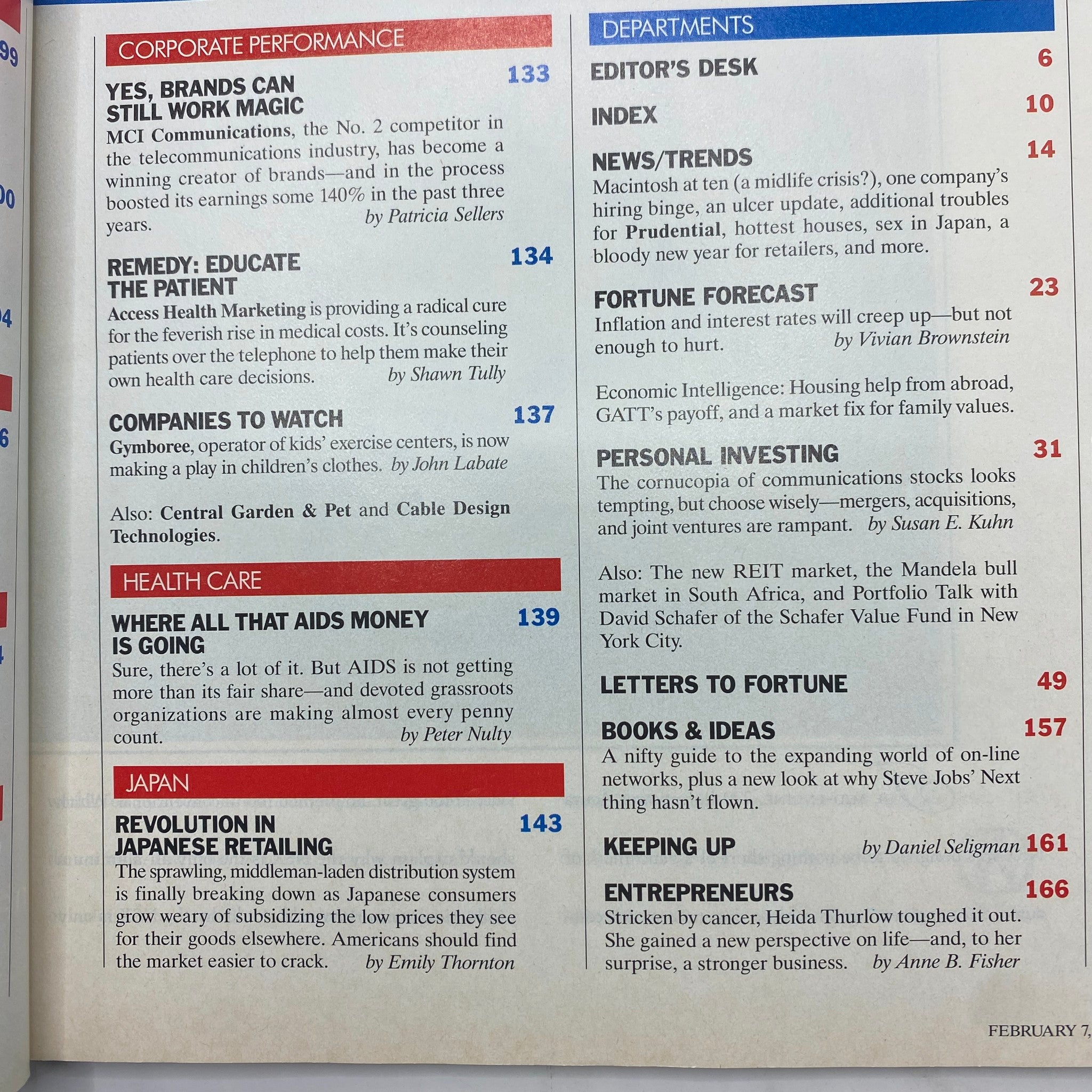Inside page of Fortune Magazine, February 7, 1994, listing articles and content including corporate performance, healthcare innovations, and international trading trends, reflecting the key business topics of the era.