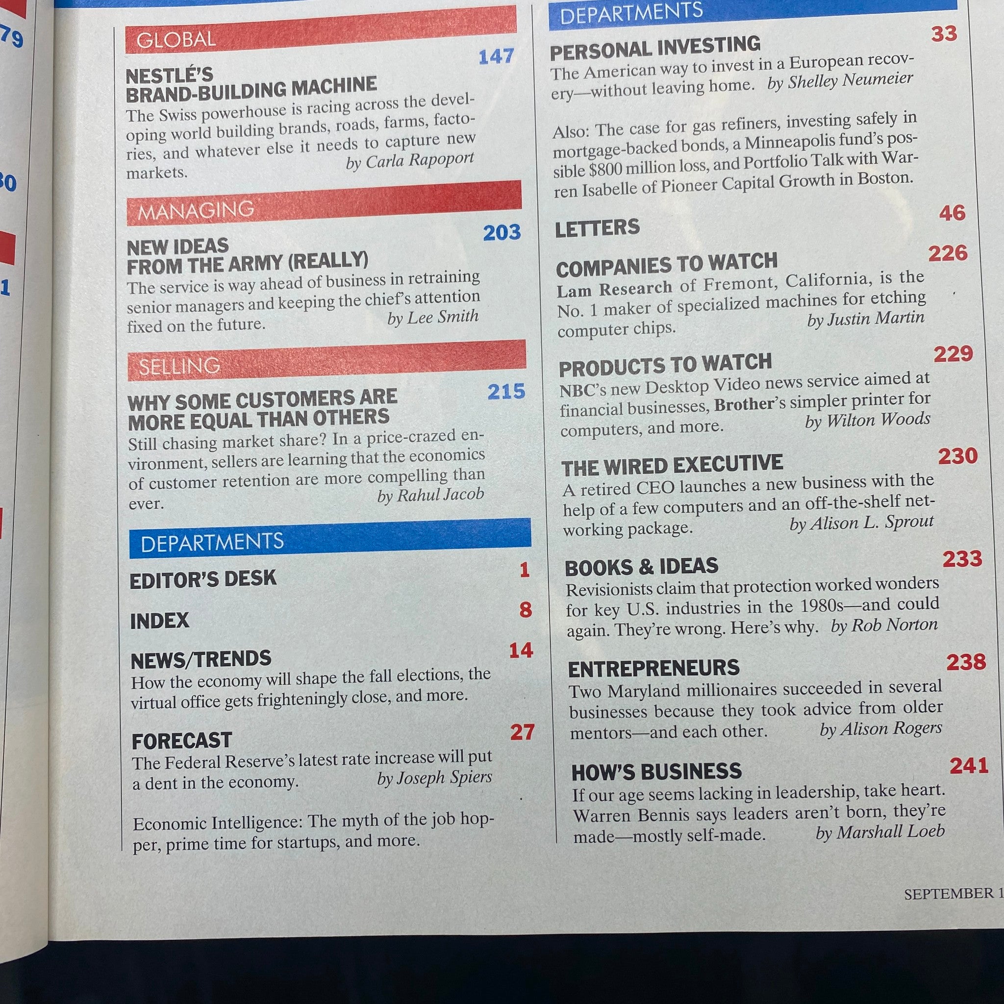 Fortune Magazine September 1, 1994 contents page highlighting key articles including 'Nestle's Brand-Building Machine', 'New Ideas from the Army', and 'Why Some Customers Are More Equal Than Others'.
