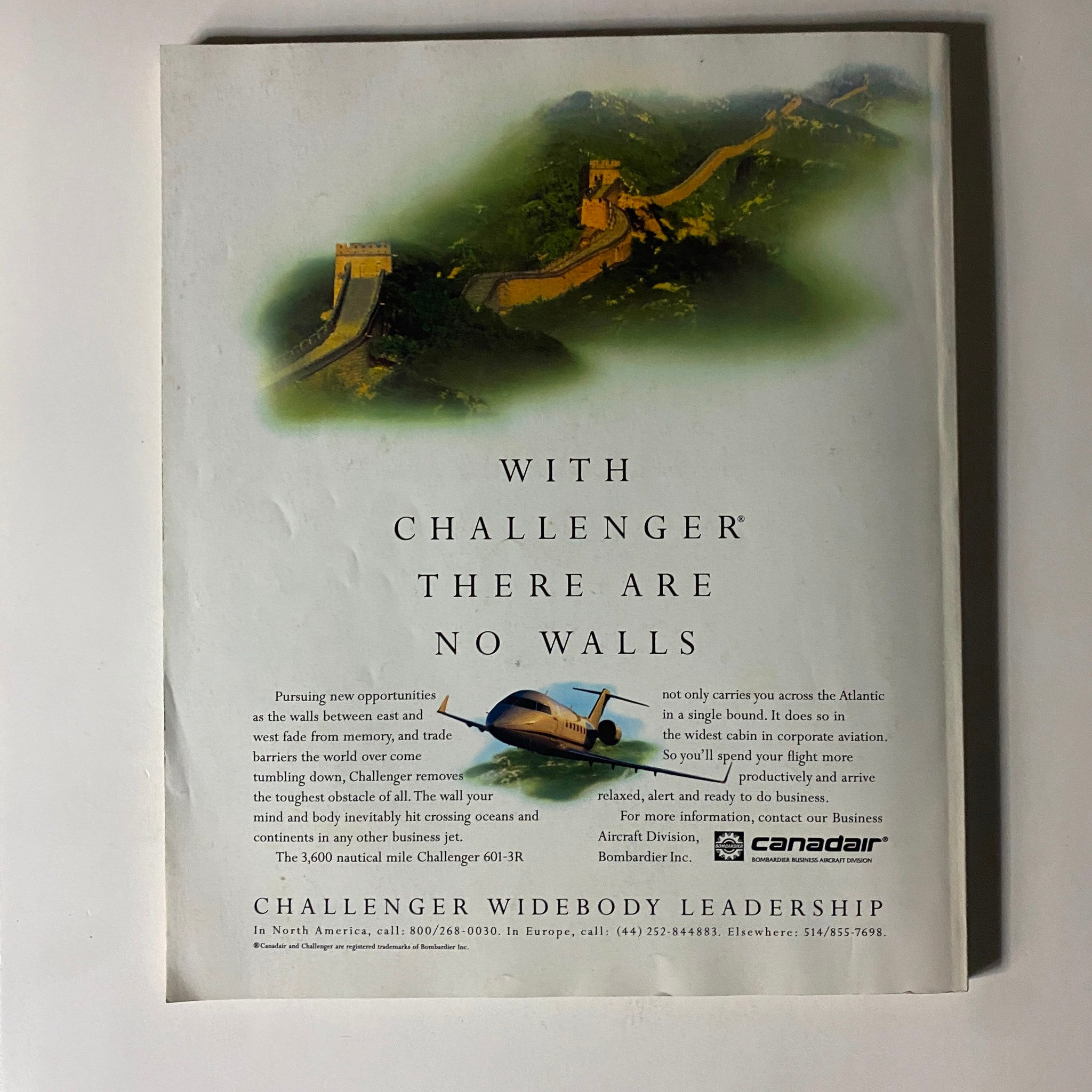 Back advertisement from Fortune Magazine September 1, 1994, promoting Bombardier's Challenger and emphasizing global business connectivity with the phrase 'With Challenger, There Are No Walls'.