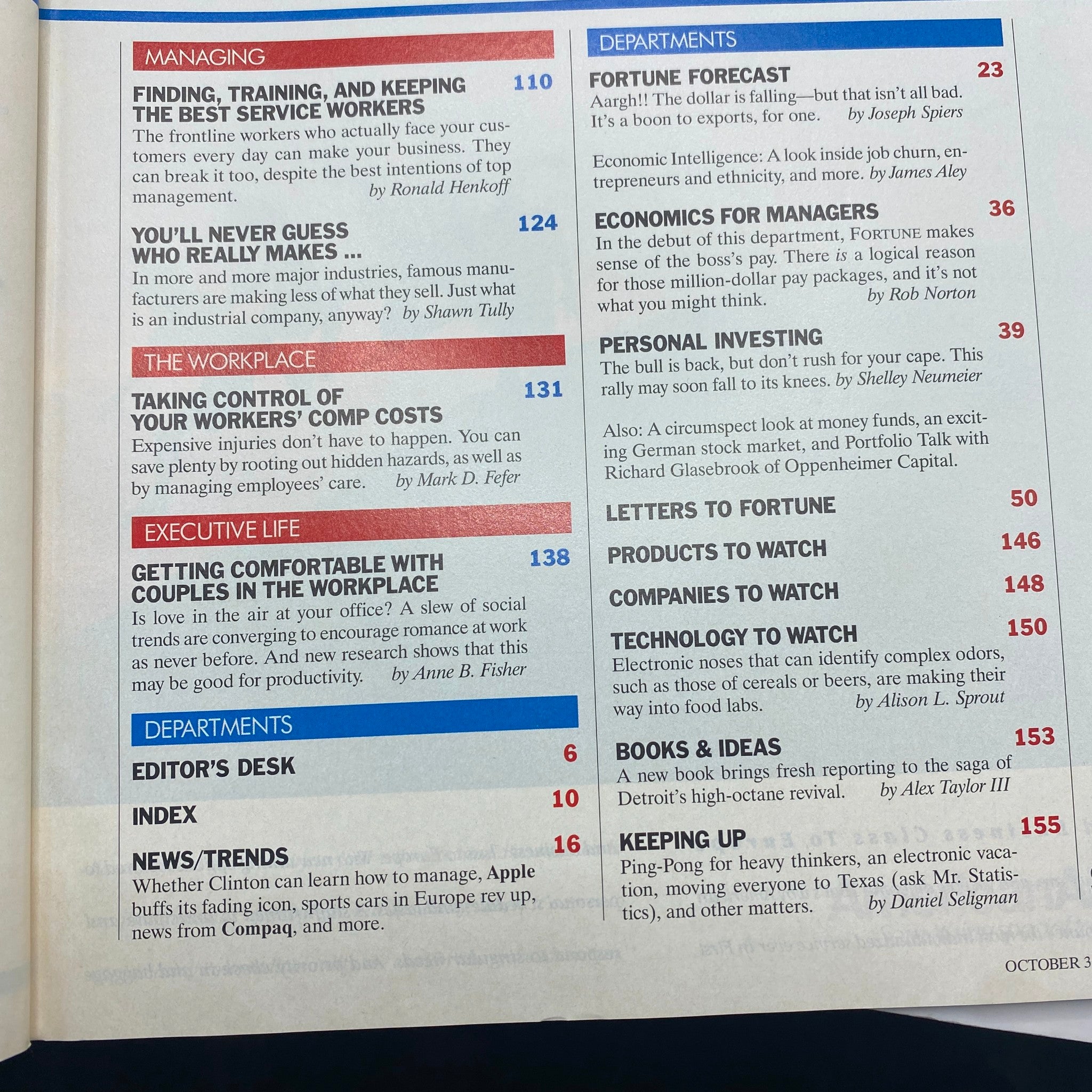 Table of contents from Fortune Magazine dated October 3, 1994, featuring articles on managing service workers, workplace trends, and insights into corporate life.