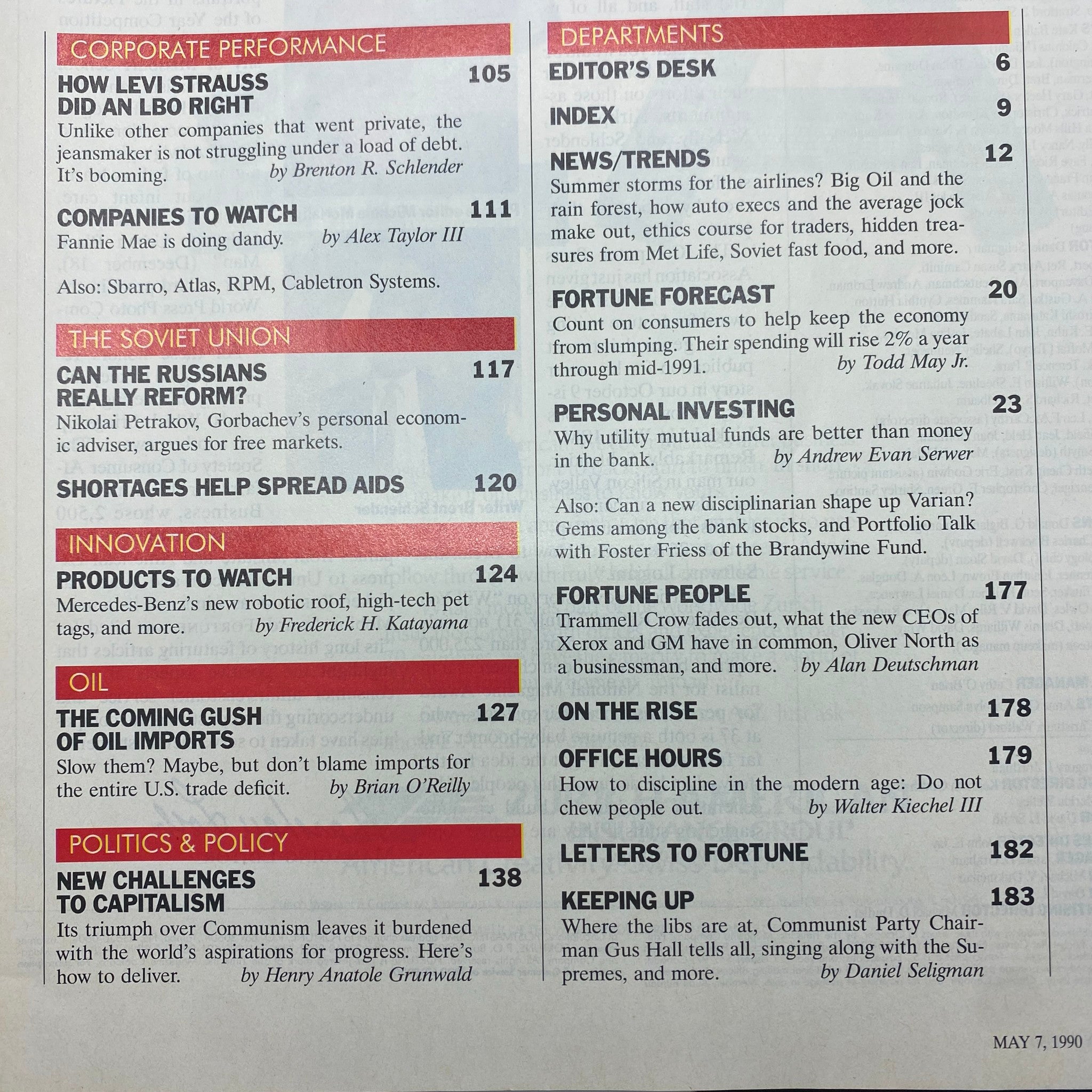 Table of contents from Fortune Magazine, May 7, 1990, highlighting various articles including topics on Levi Strauss, the Soviet Union, personal investing, and the economy.