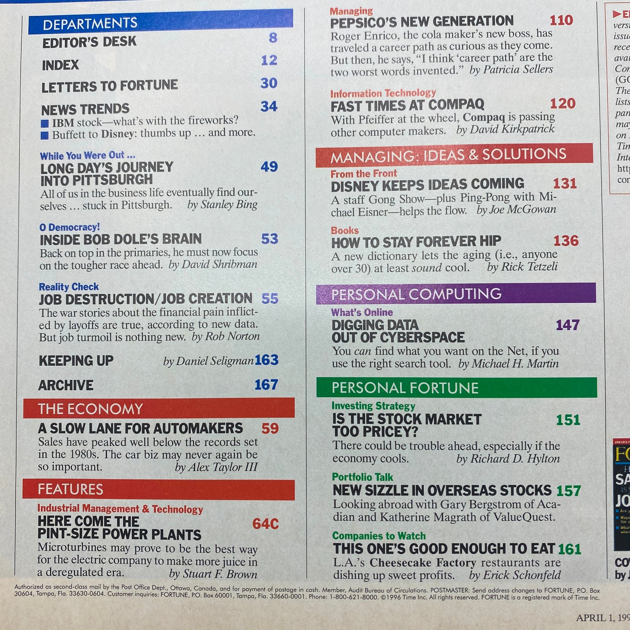 Inside content page of Fortune Magazine April 1, 1996 highlighting articles on the economy, job destruction, and business insights from the 1990s.