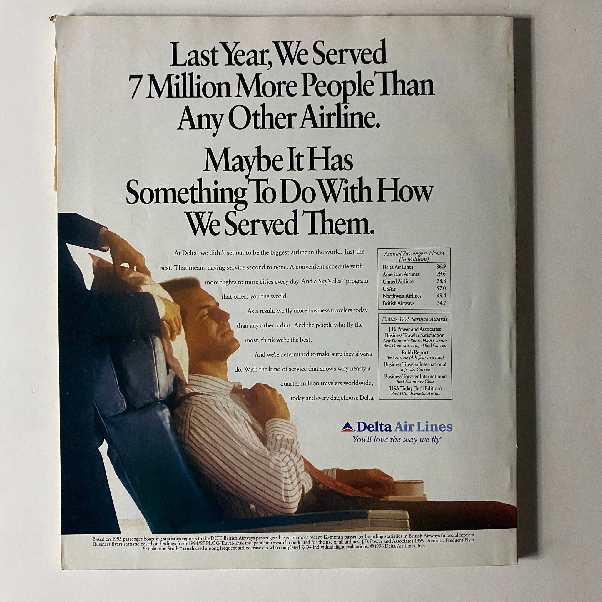 Back cover advertisement of Fortune Magazine April 1, 1996 showcasing Delta Air Lines' service commitment with statistics on passenger numbers and services.