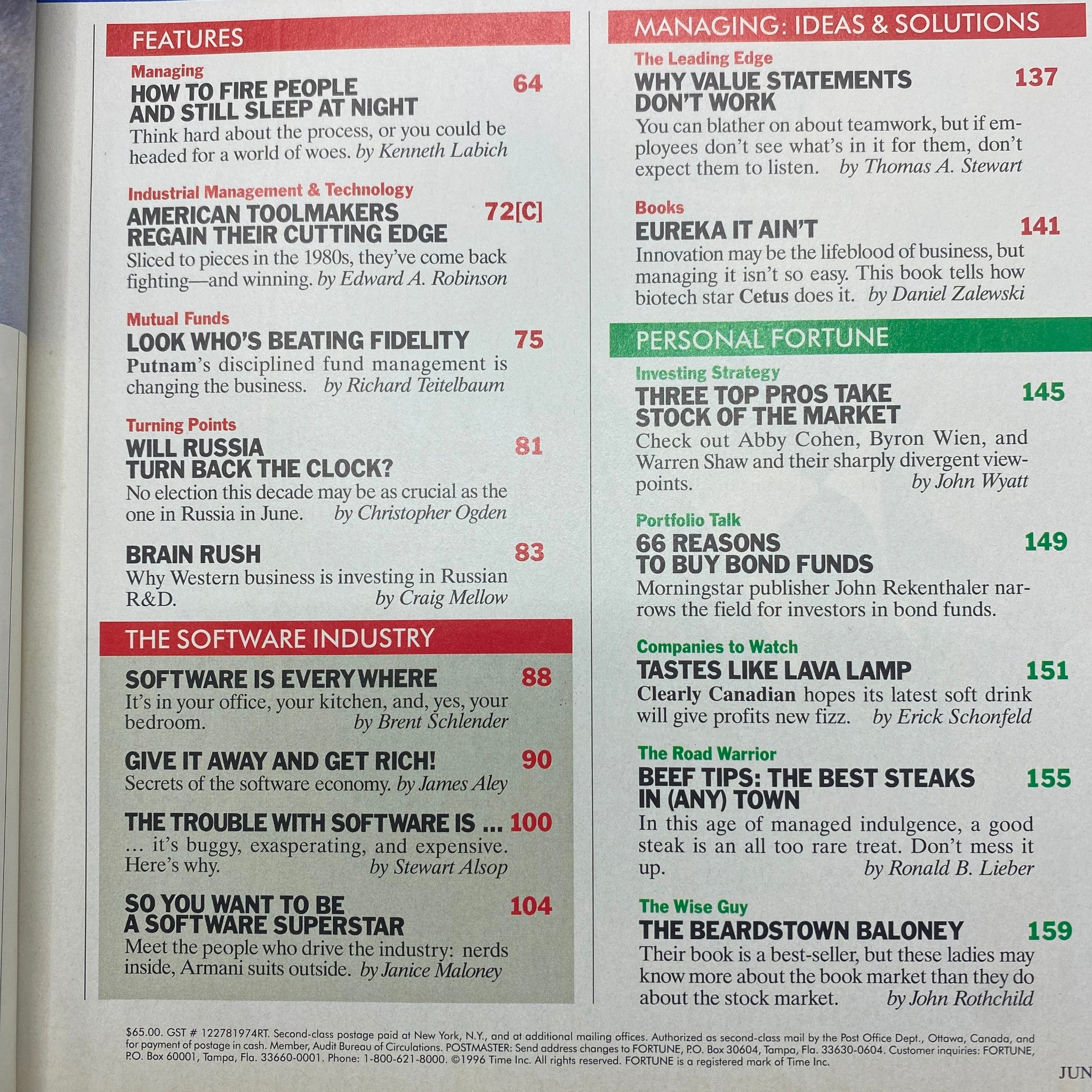 Table of contents from Fortune Magazine June 10, 1996, listing articles such as 'How to Fire People and Still Sleep at Night' and features on industrial management and technology.