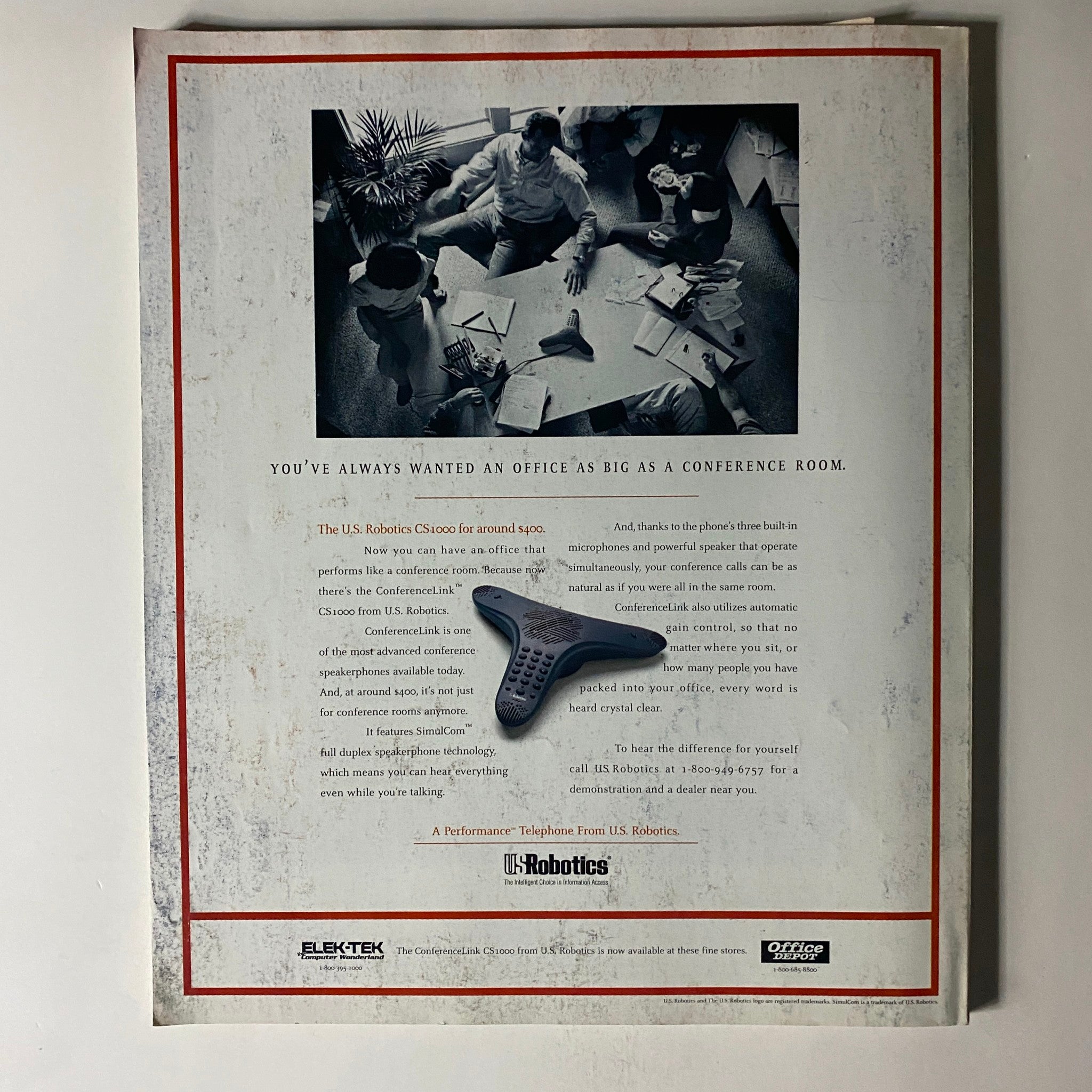 Vintage advertisement featuring U.S. Robotics ConferenceLink CS1000, emphasizing office efficiency with a conference-like setup. Accompanying the article 'Fortune Magazine June 10, 1996 The Mercedes vs The BMW,' it showcases technology for advanced speakerphone systems.