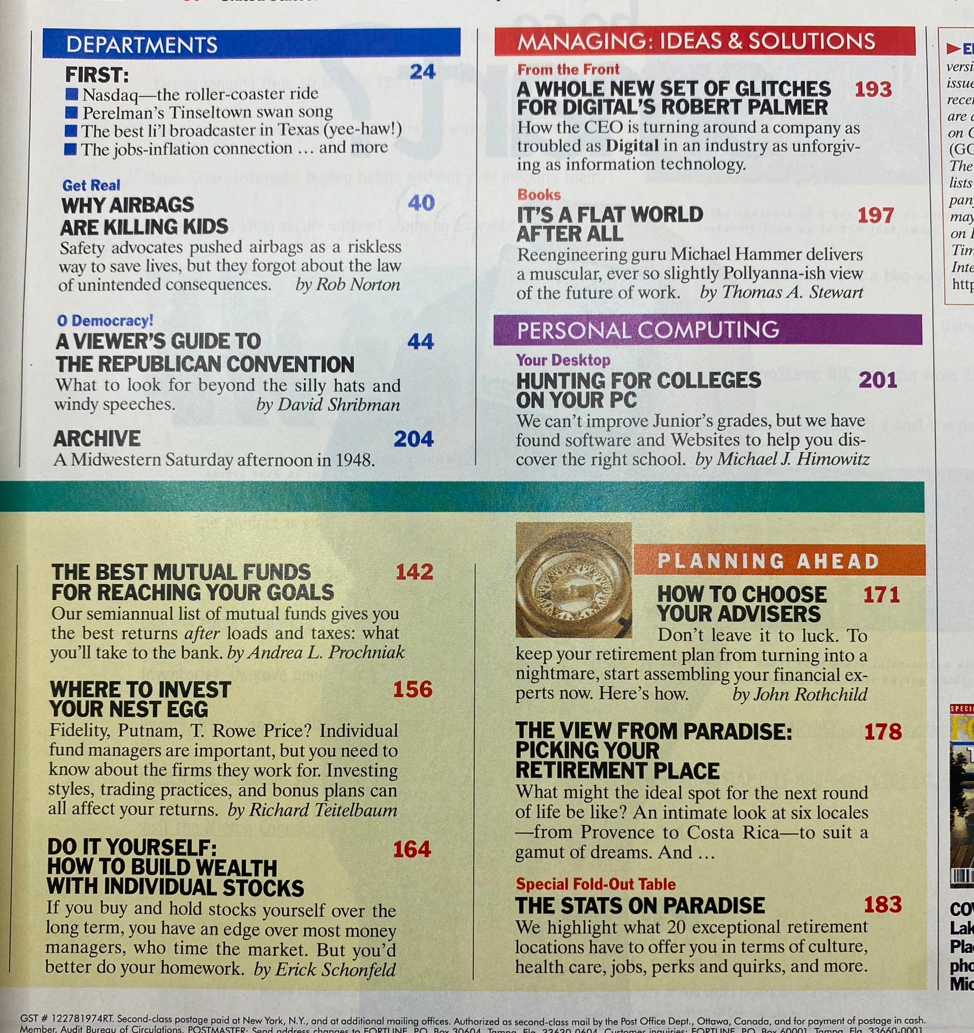 Interior page of Fortune Magazine, August 19, 1996, showcasing various sections, including 'Departments' and articles on investment strategies and the Nasdaq roller-coaster, relevant to retirement planning.