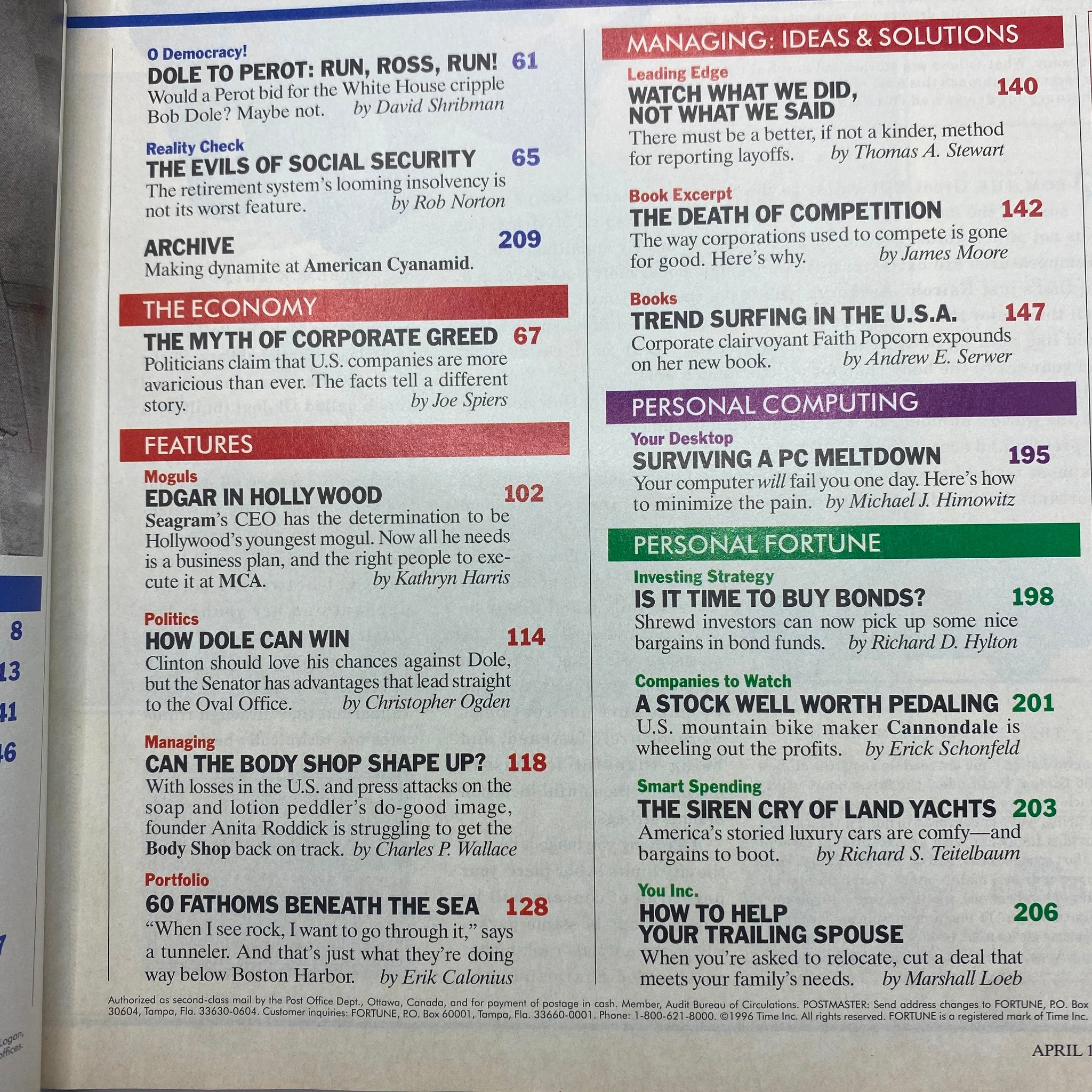 Table of contents from Fortune Magazine April 15, 1996, detailing articles including 'Dole to Perot: Run, Ross, Run!' and 'Reality Check: The Evils of Social Security', highlighting significant topics from that era.