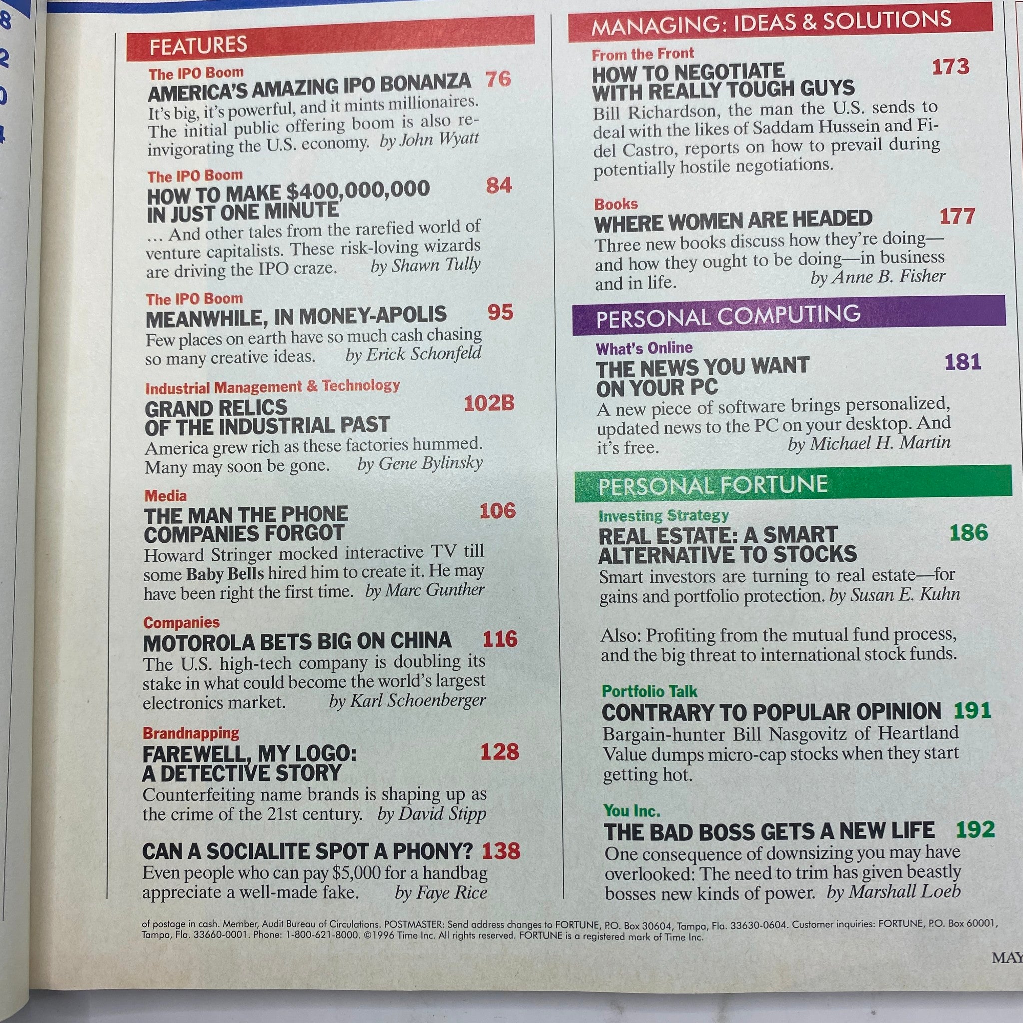 Table of contents from Fortune Magazine May 27, 1996, highlighting features like "America's Amazing IPO Bonanza" and various articles on investment strategies.