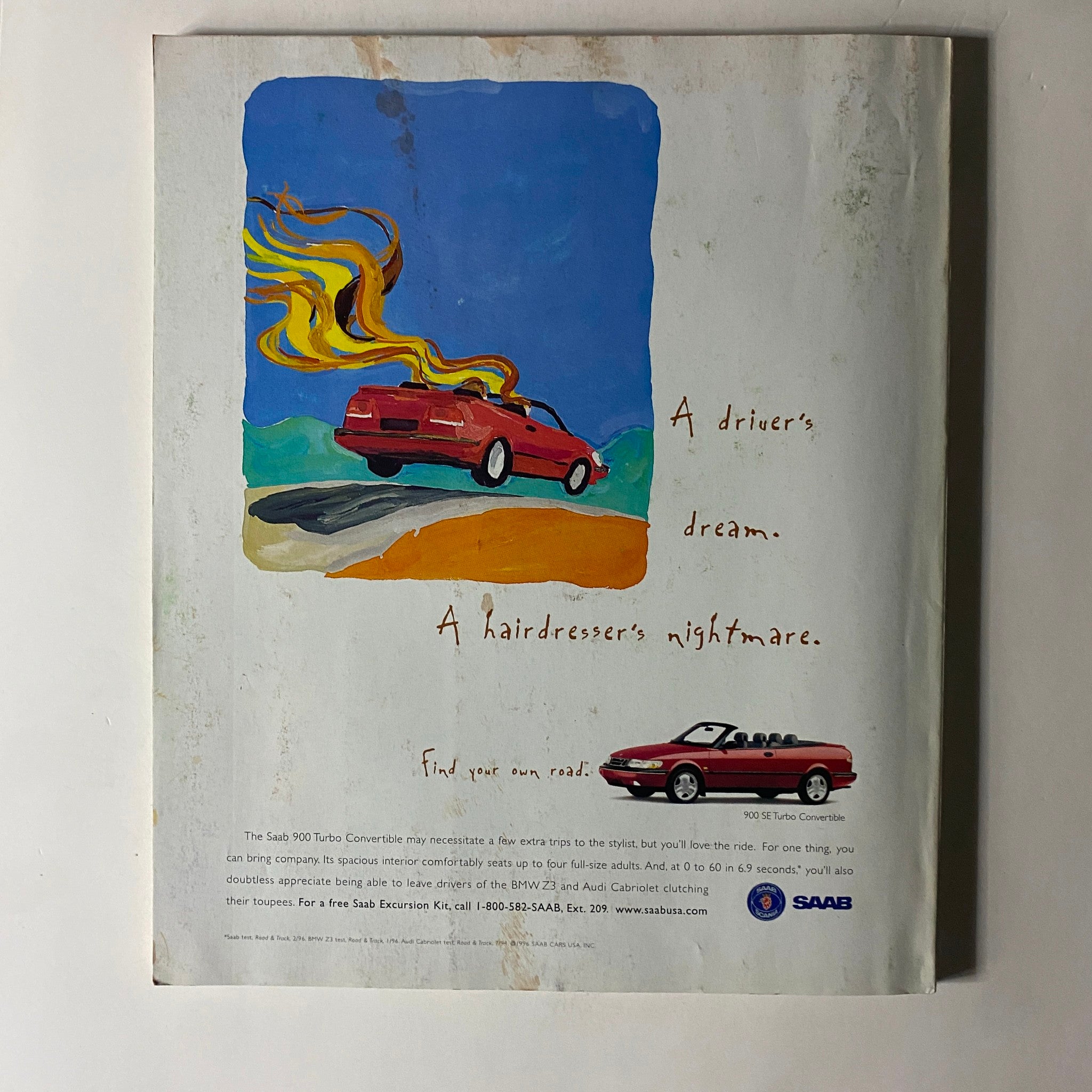 Back cover advertisement in Fortune Magazine May 27, 1996, promoting the Saab 900 Turbo Convertible with catchy slogans related to driving.