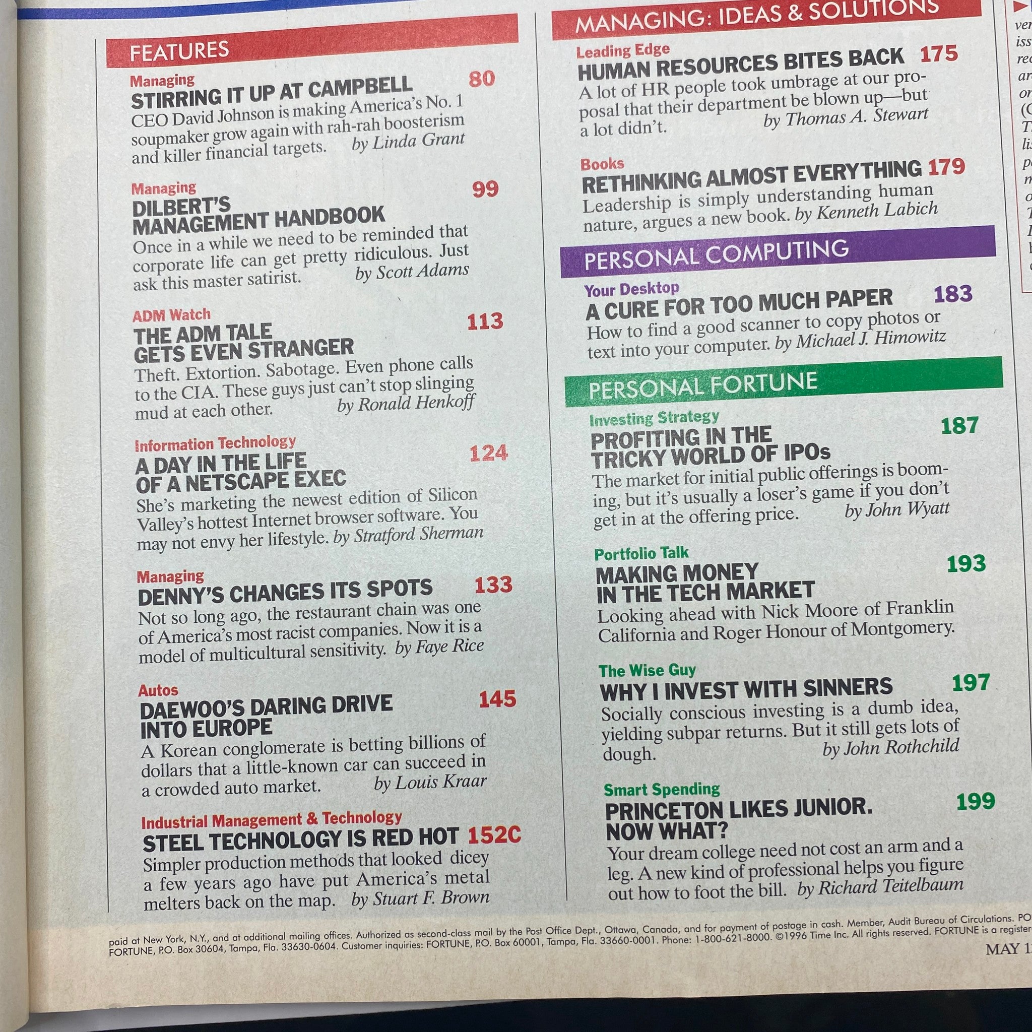Fortune Magazine dated May 13, 1996 featuring the article 'Taking On Prostate Cancer' by Andy Grove. Includes the magazine's table of contents showcasing various topics including management, personal computing, and investment strategies.