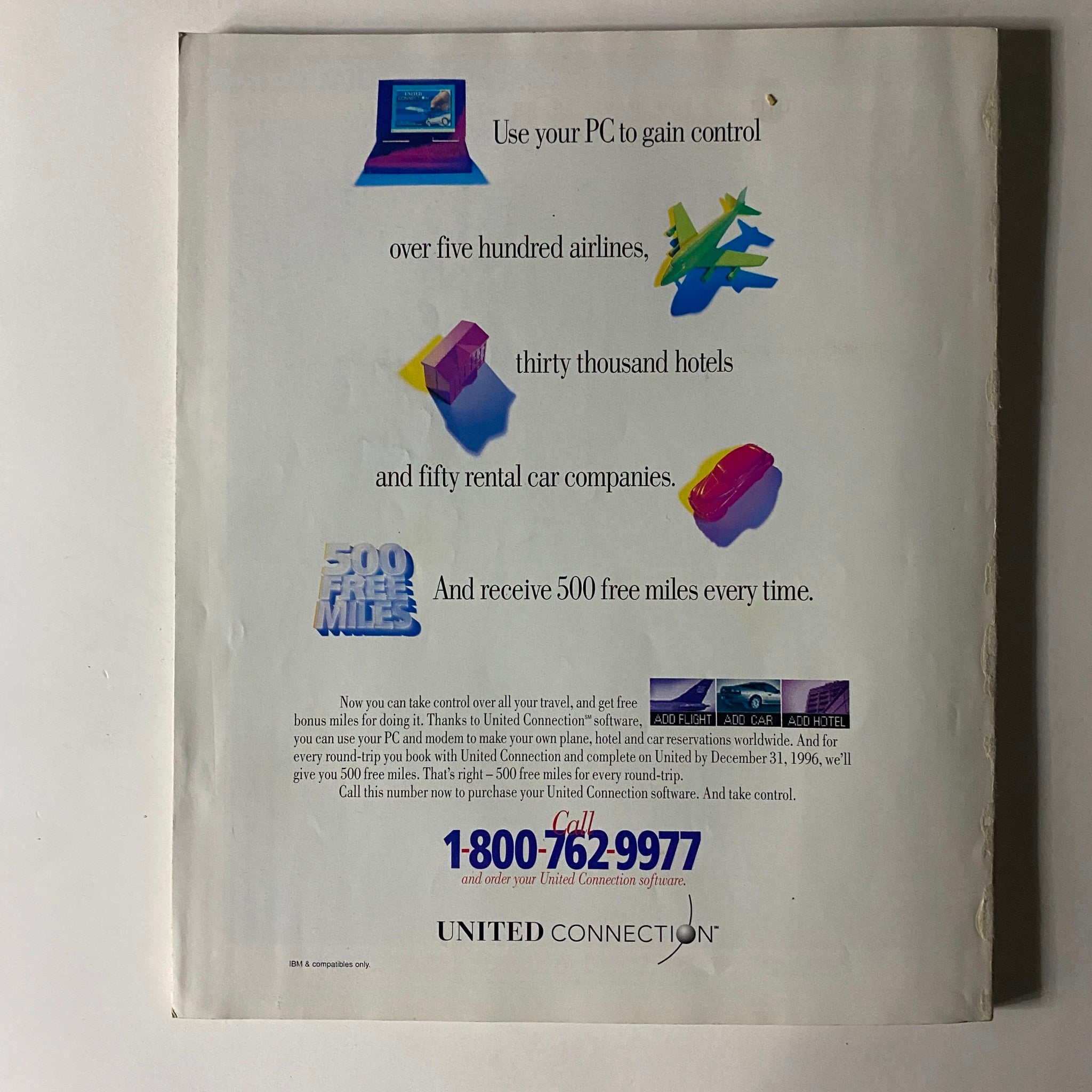 Back cover of Fortune Magazine from May 13, 1996, advertising United Connection software, which offers travel management tools through personal computers, and promoting a bonus offer of 500 free miles.
