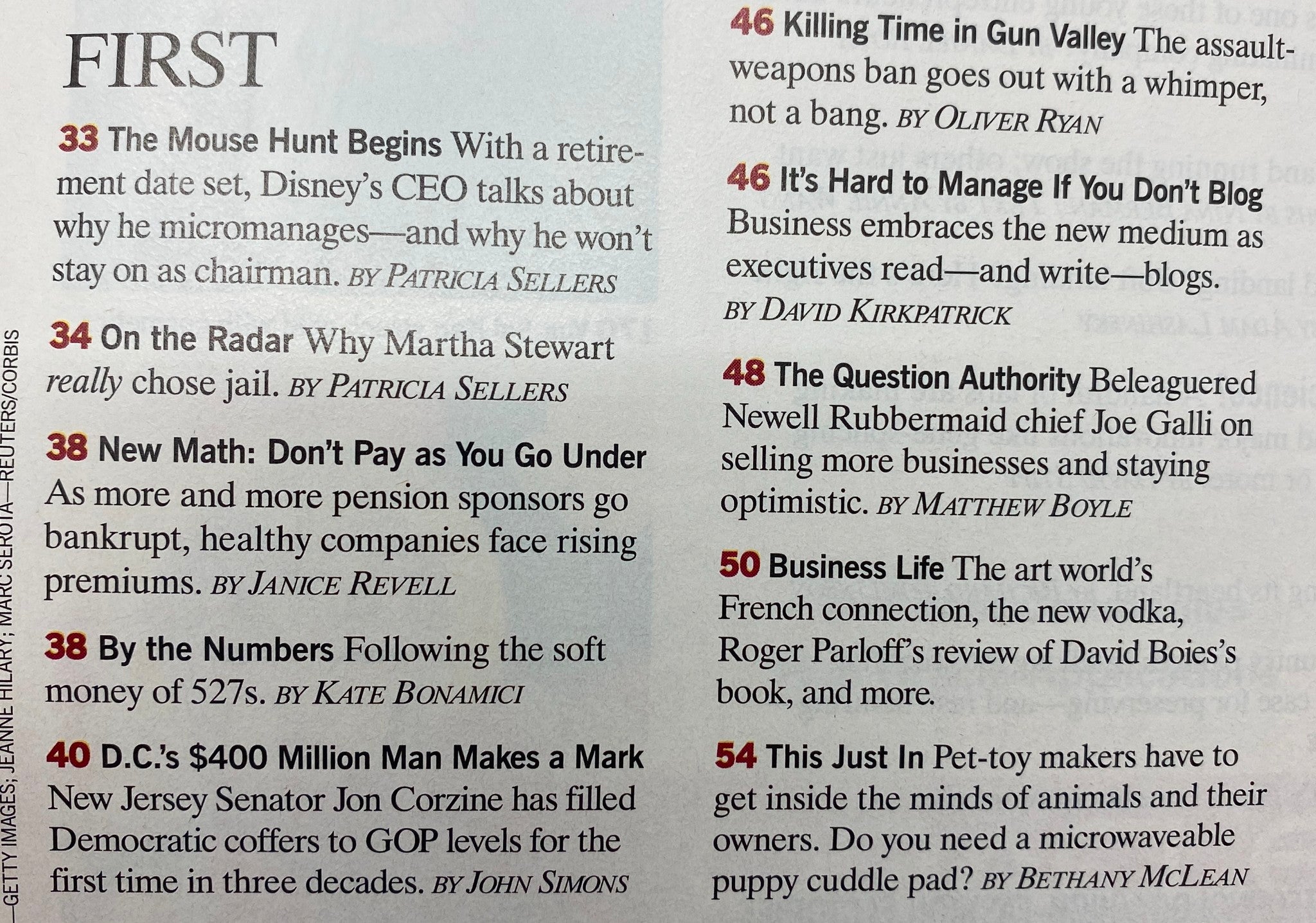 Page from Fortune Magazine October 4, 2004 showcasing articles including 'The Mouse Hunt Begins' and 'Why Martha Stewart Really goes to Jail,' emphasizing key topics relevant to business and culture of the time.