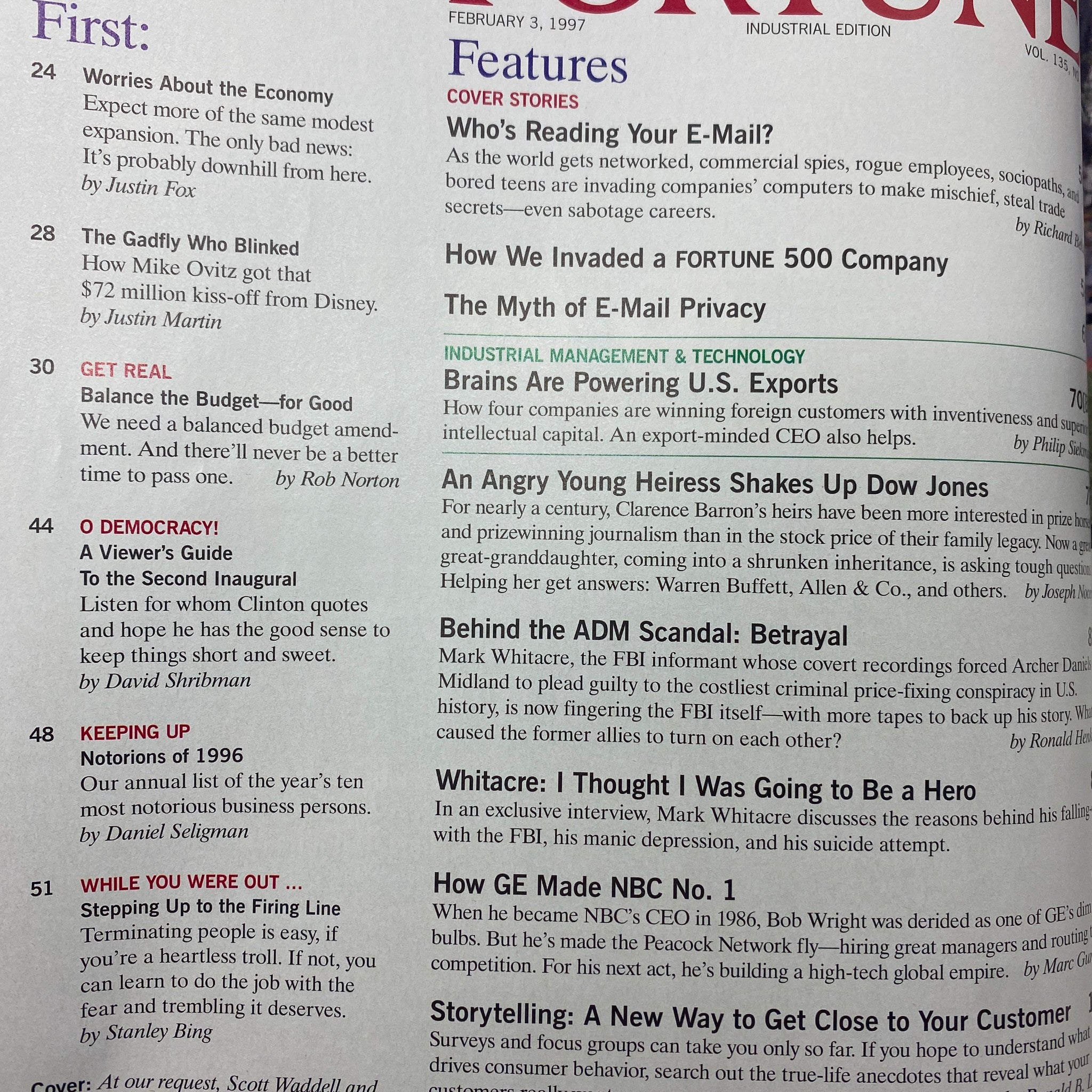 Table of contents from Fortune Magazine February 3, 1997 highlighting feature articles including 'Who's Reading Your E-Mail?' and other business topics.
