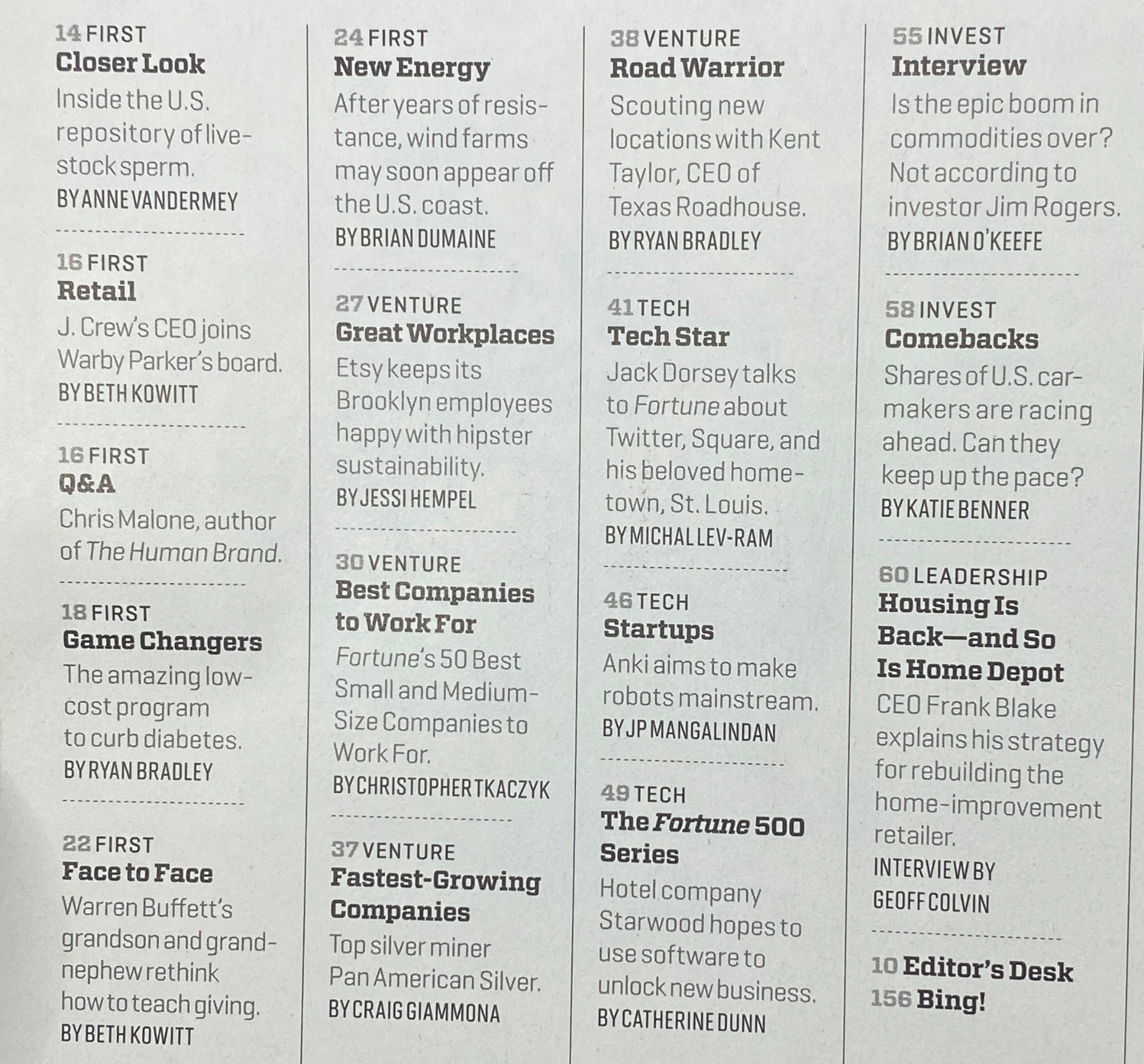 Table of contents from Fortune Magazine October 7, 2013, highlighting various articles including 'The Best Companies to Work For' and 'Venture's Fastest-Growing Companies'; featuring Jack Dorsey.
