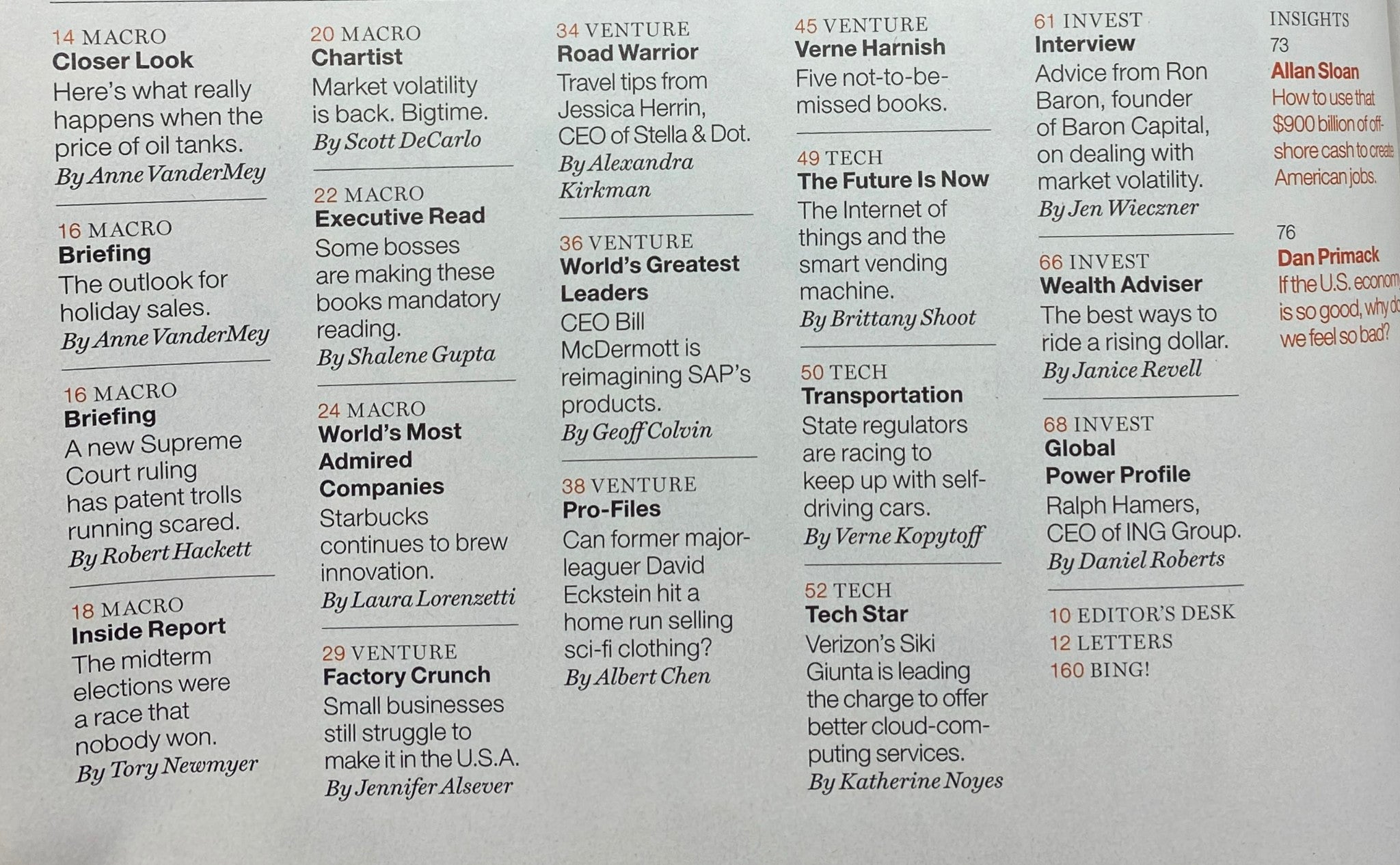 Contents page of Fortune Magazine November 17, 2014, listing articles such as 'Executive Read' and 'The Future is Now', featuring insights into leadership and business trends.