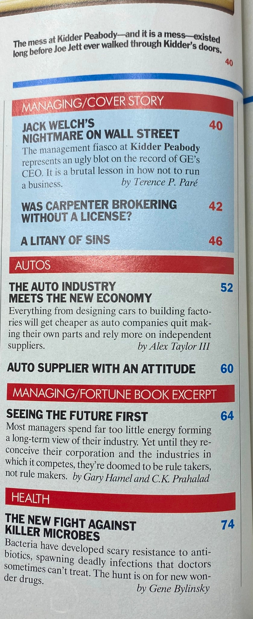 Page inside Fortune Magazine September 5, 1994 featuring the cover story 'Jack Welch's Nightmare on Wall Street' discussing management issues at Kidder Peabody.