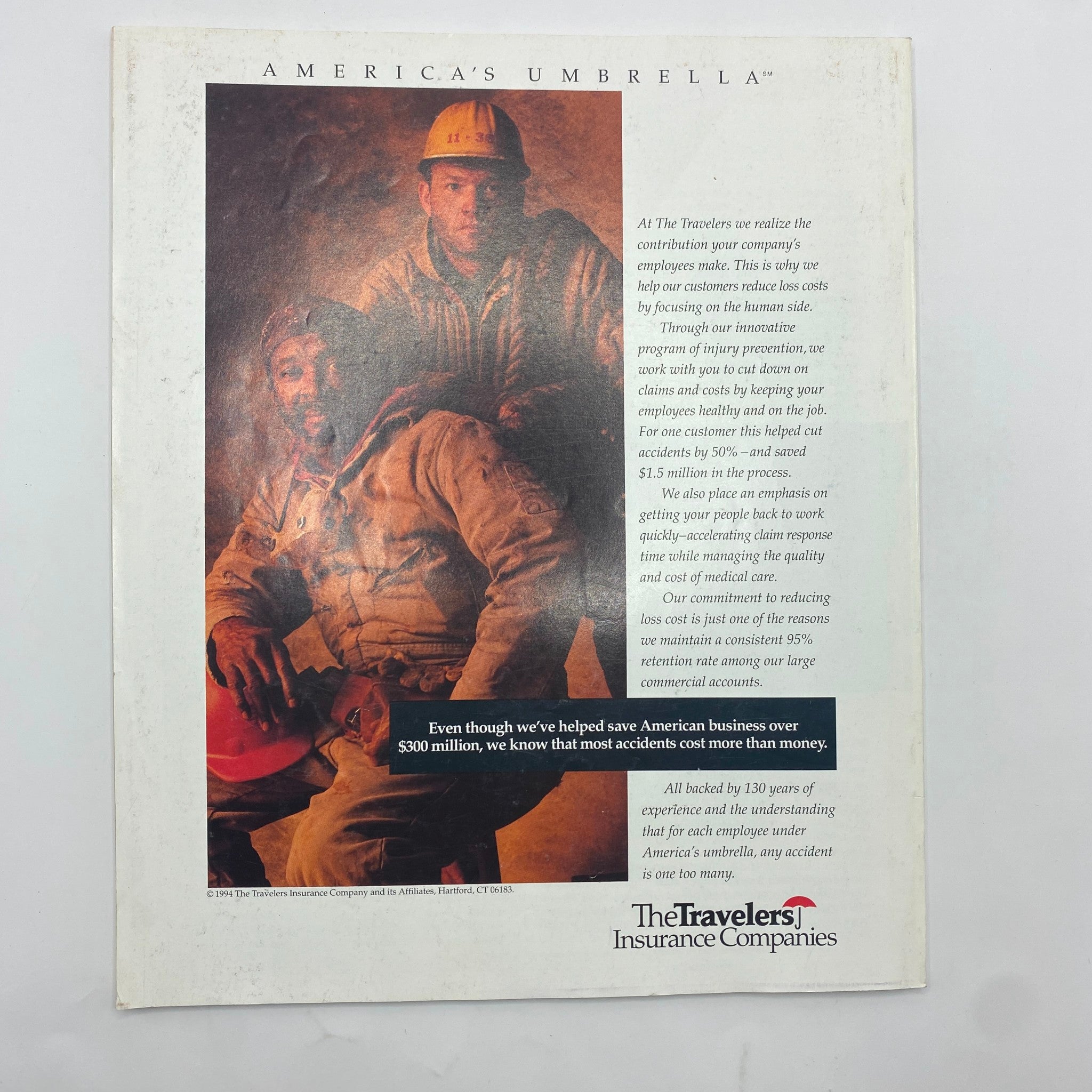 Back cover of Fortune Magazine September 5, 1994 displaying an advertisement for The Travelers Insurance Company, emphasizing workplace safety and loss prevention.