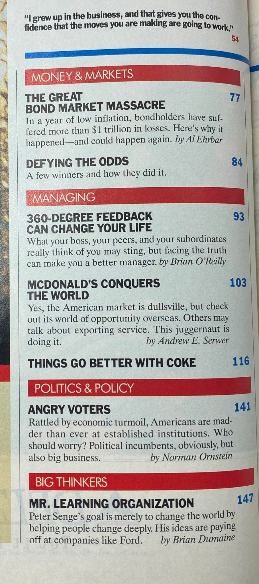 Fortune Magazine October 17, 1994 interior page detailing articles on financial markets, management strategies, and insights from Peter Senge.