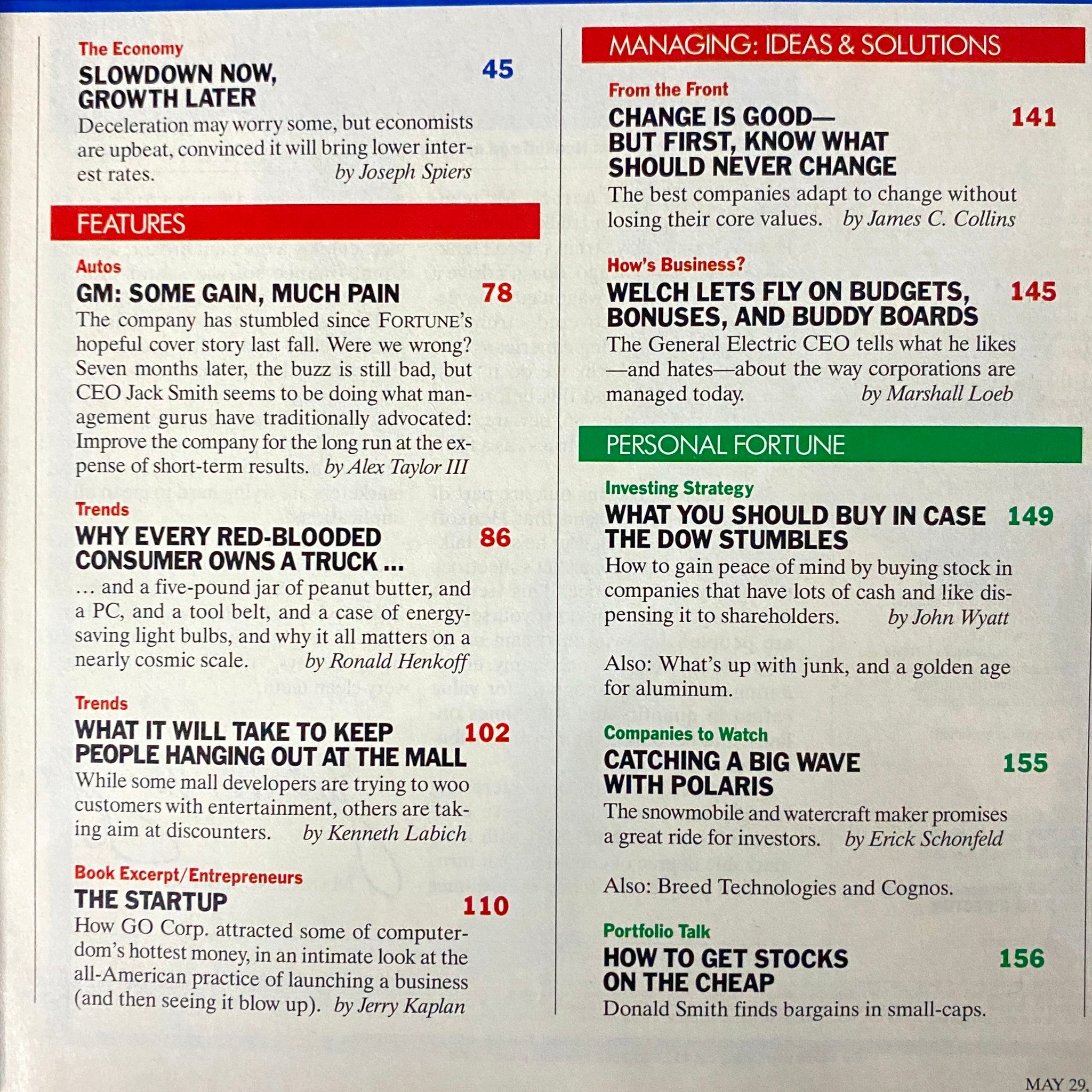 Contents page of Fortune Magazine May 29, 1995, detailing featured articles such as economic forecasts and consumer trends during the 1990s.
