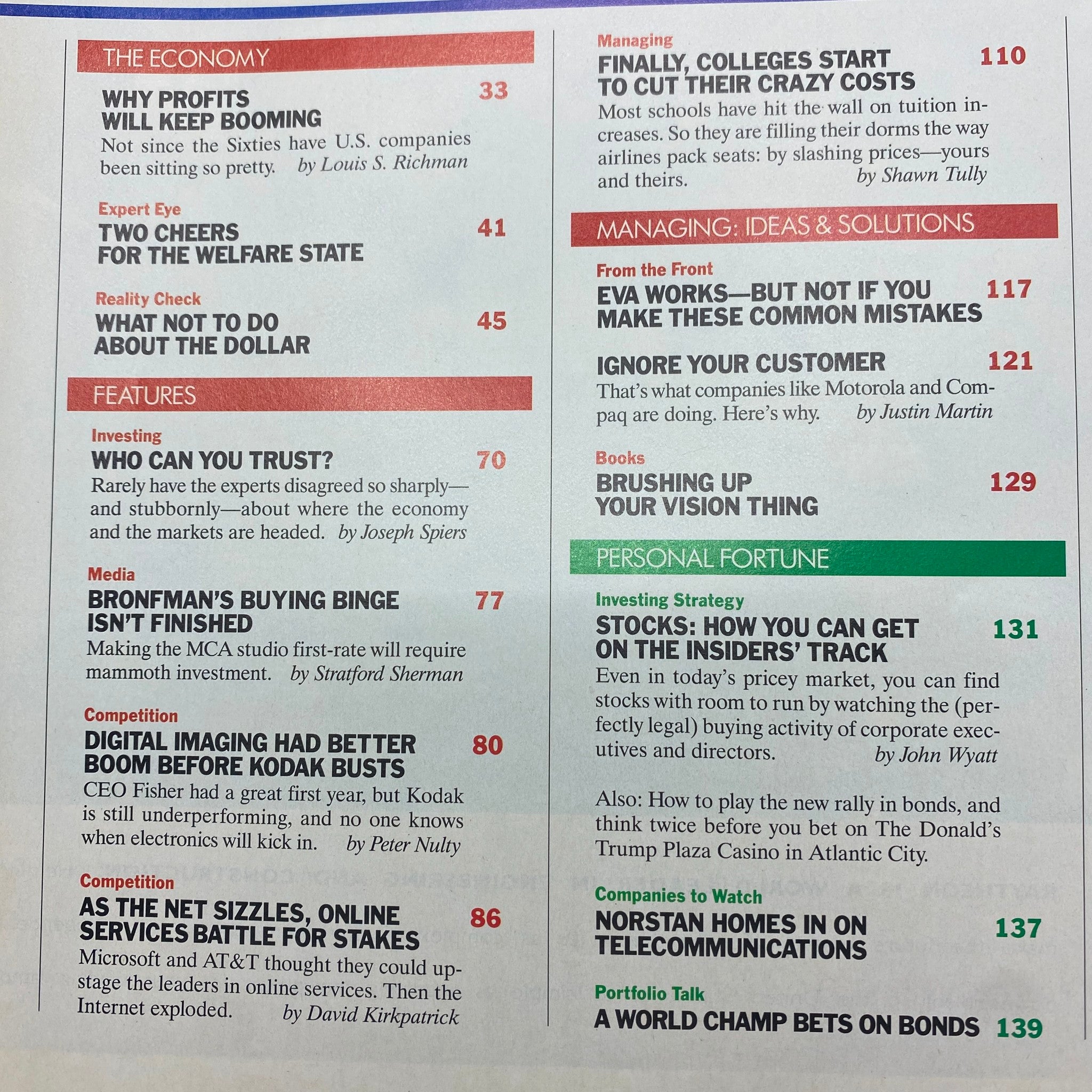 Fortune Magazine May 1, 1995 featuring Sergio Zyman, Marketer and Executive. A detailed table of contents highlighting articles on the economy, management ideas, and features in the magazine.