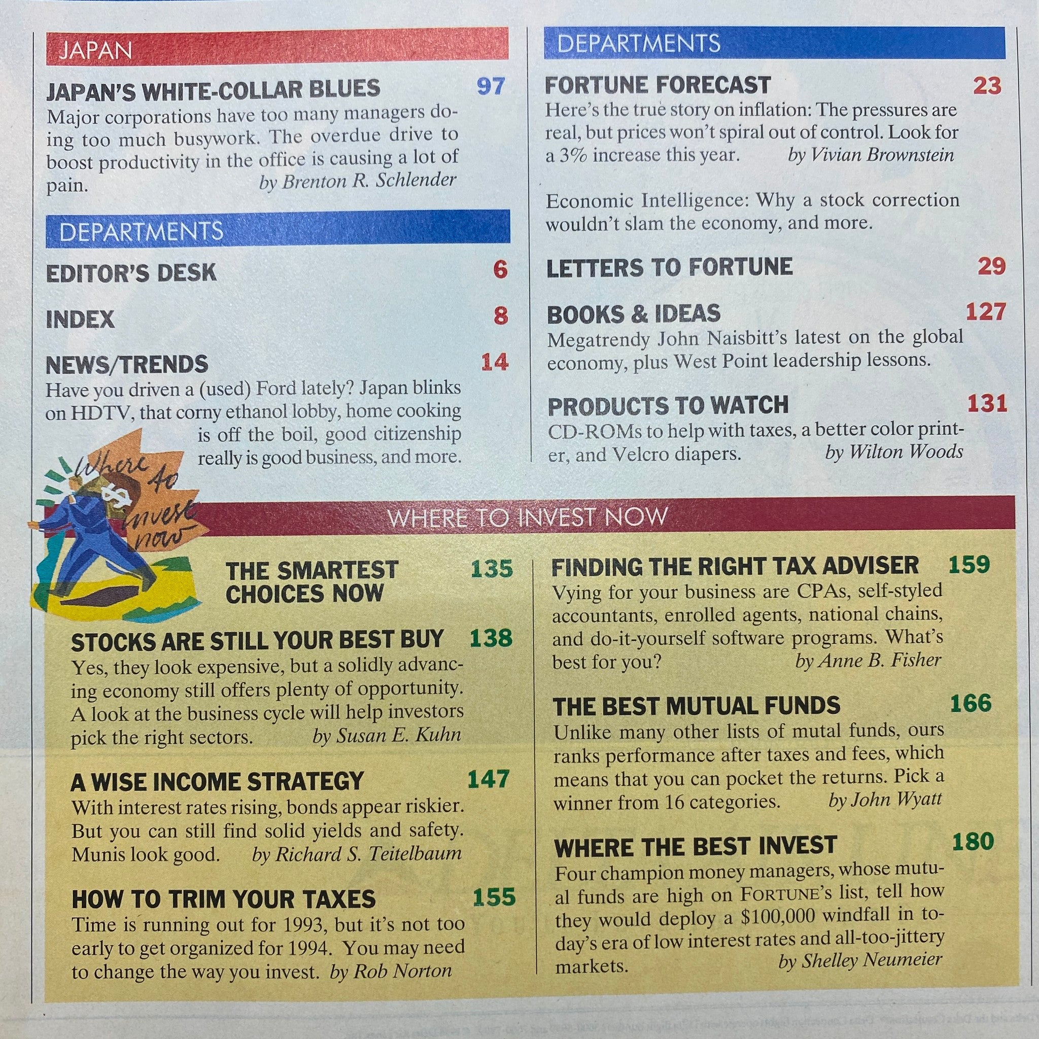 Interior page of Fortune Magazine March 21, 1994 displaying department sections including 'Japan's White-Collar Blues' and investment advice. Key features include insights on stocks and economic forecasts.