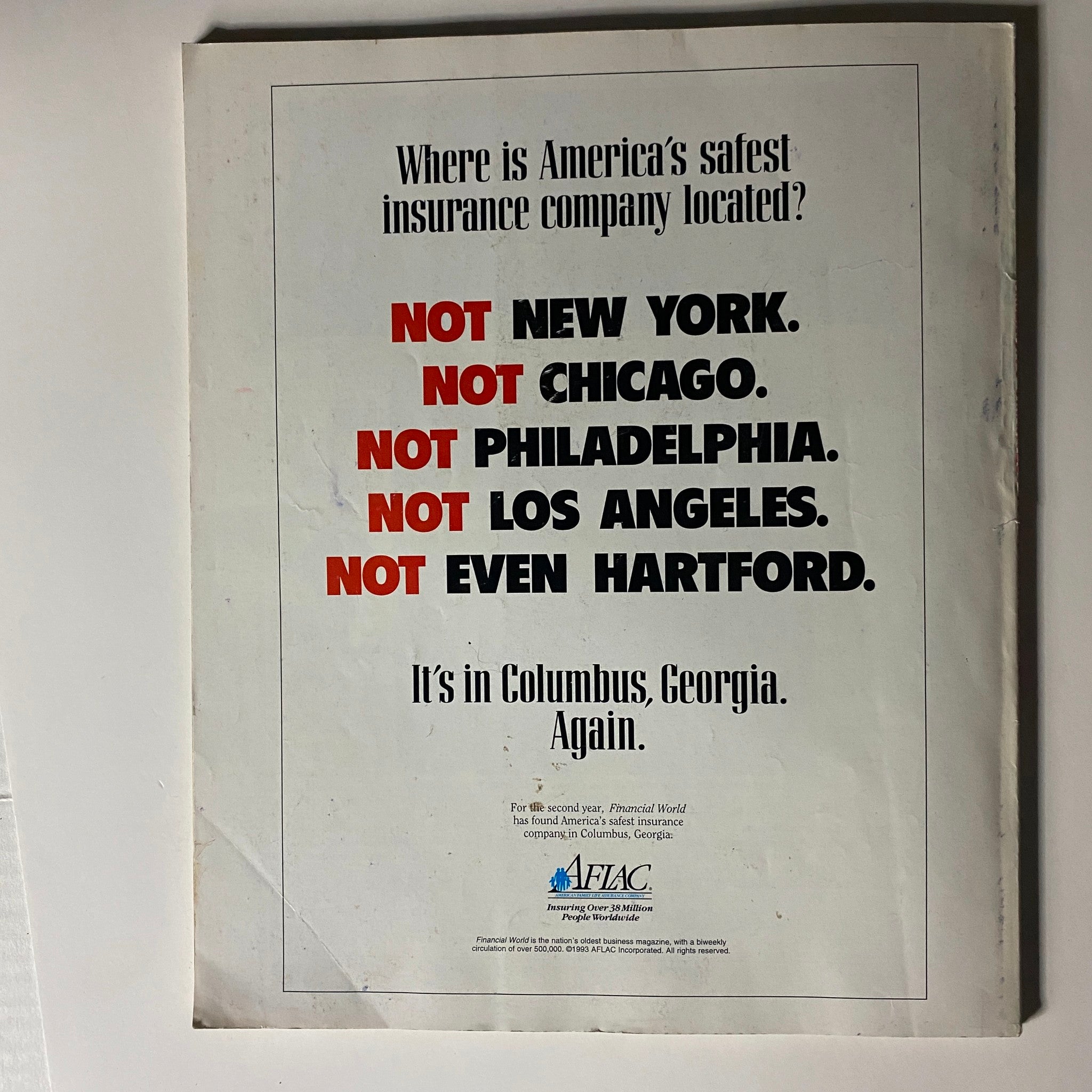 Back cover of Fortune Magazine March 21, 1994, featuring an advertisement questioning where America's safest insurance company is located, concluded with an emphasis on Columbus, Georgia.