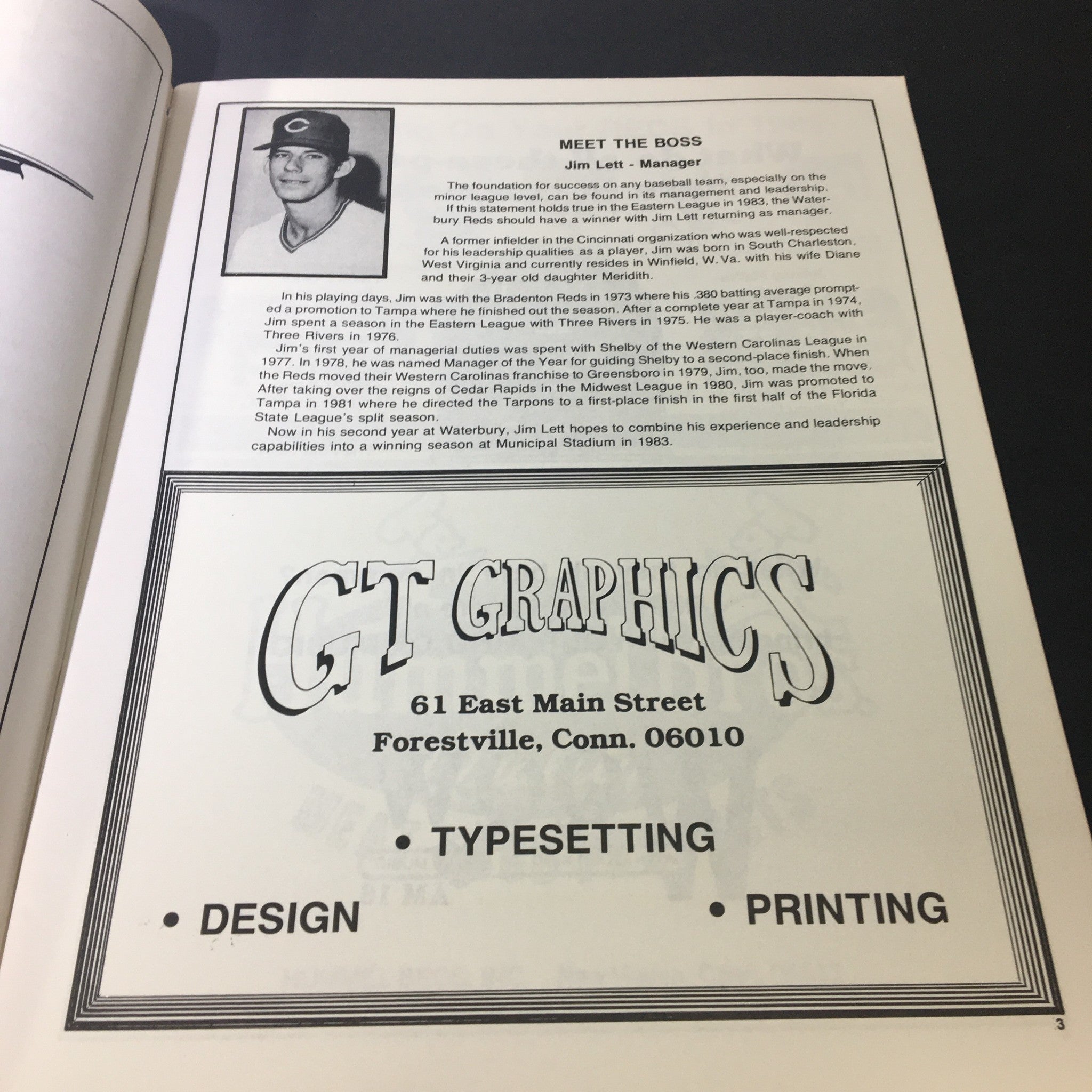 Interior page from the Vintage MLB Waterbury Reds 1983 Official Souvenir Program introducing Jim Lett, the team manager, with a photo and description of his background.