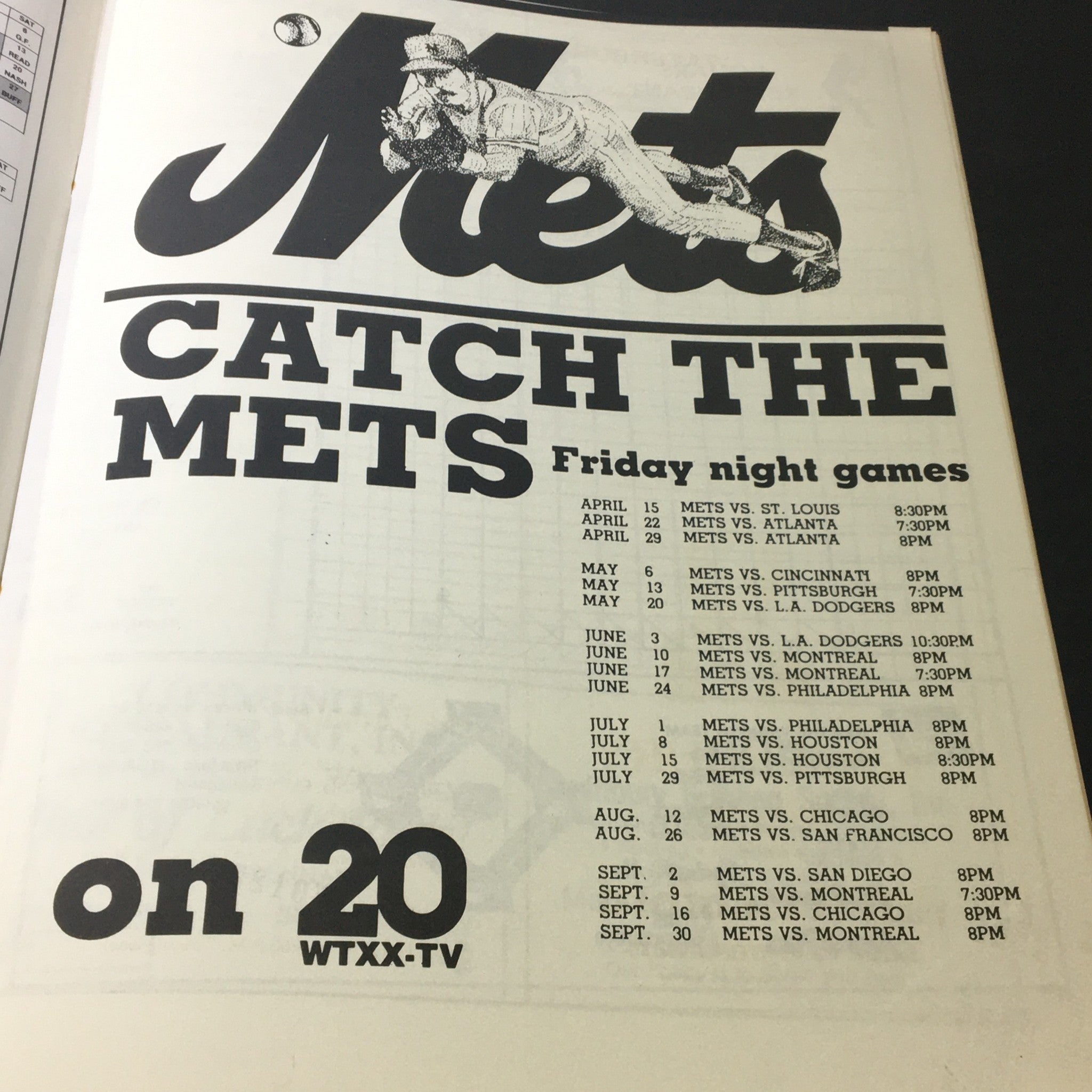 Page from the Vintage MLB Waterbury Reds 1983 Official Souvenir Program showing the New York Mets Friday night game schedule, highlighting games against teams such as St. Louis and Atlanta.