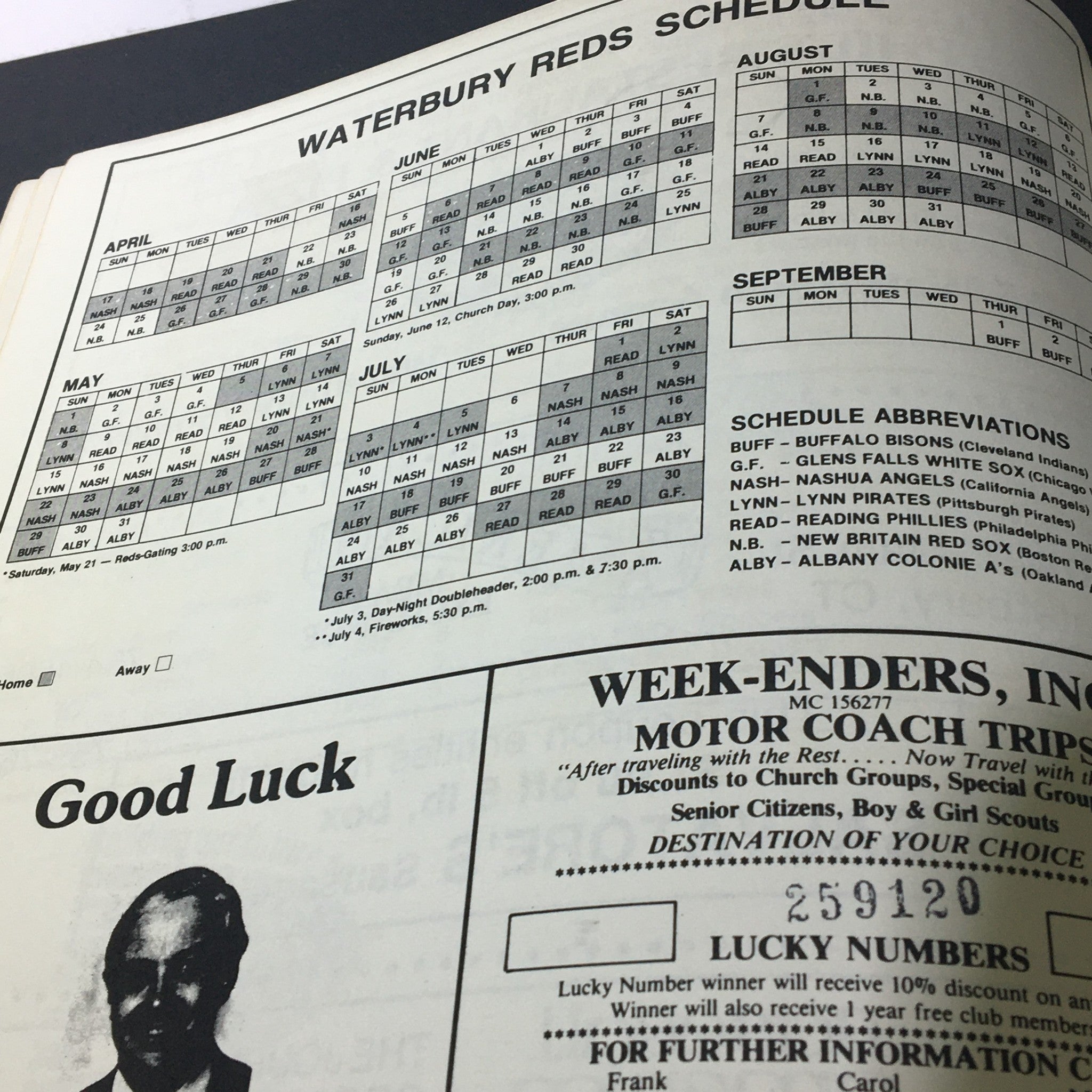 Detailed game schedule for the Waterbury Reds in the Vintage MLB Waterbury Reds 1983 Official Souvenir Program, showing months of April, June, July, and August.