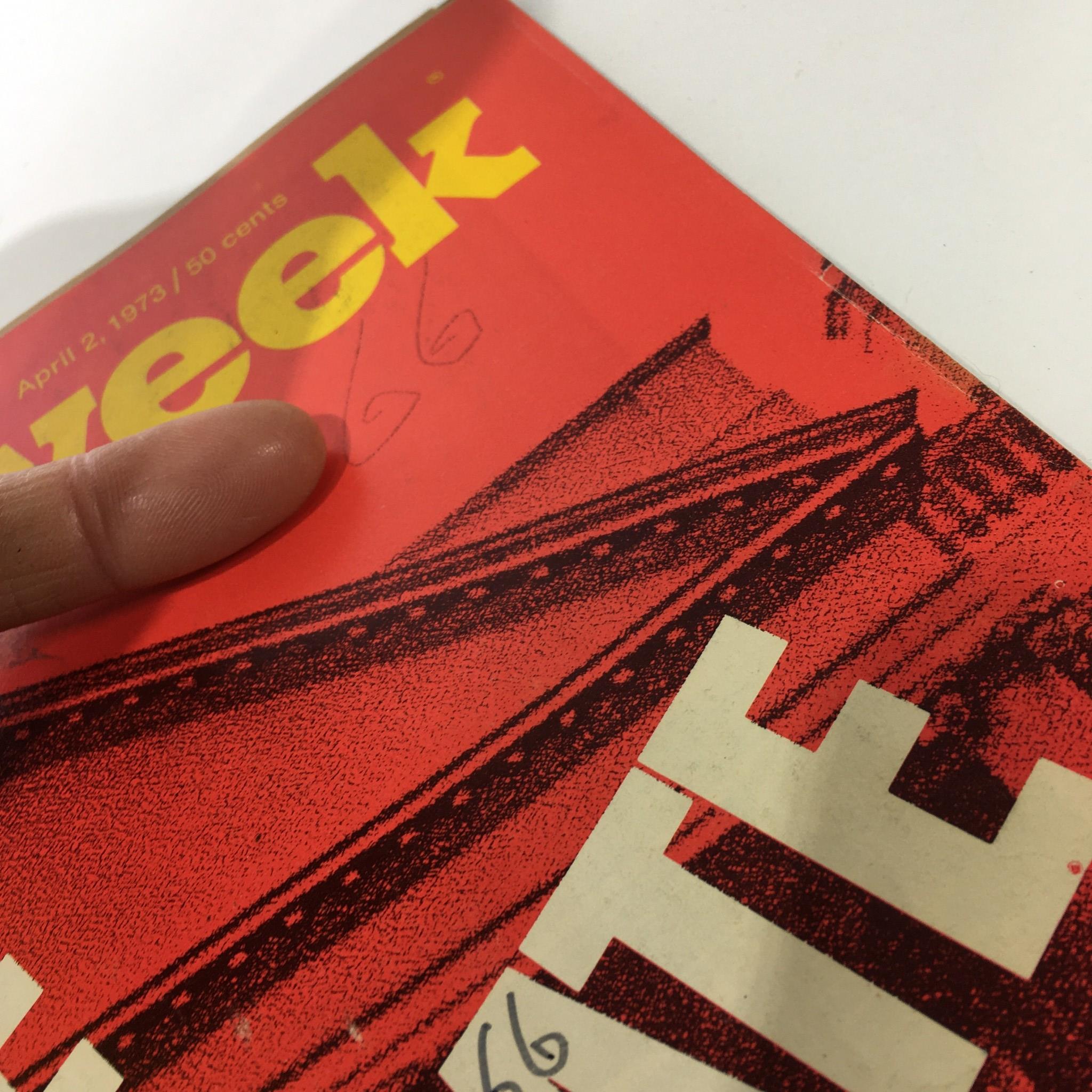 Close-up of the cover of Newsweek Magazine, April 2, 1973 - The Watergate Mess, highlighting the title with a finger pointing to the marked price.