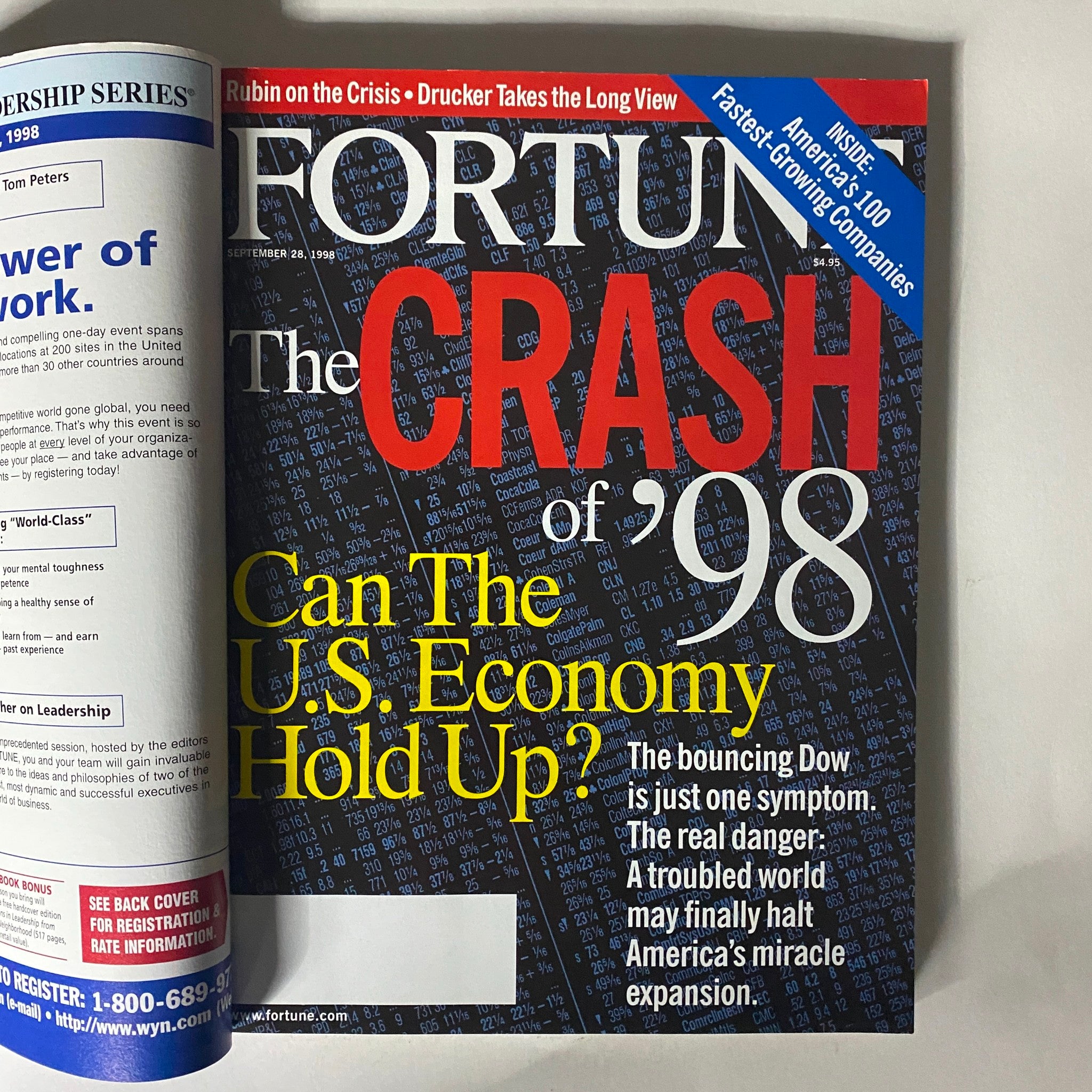 Inside page of Fortune Magazine, September 28, 1998, featuring the article title 'The Crash of 98' questioning the stability of the US economy.