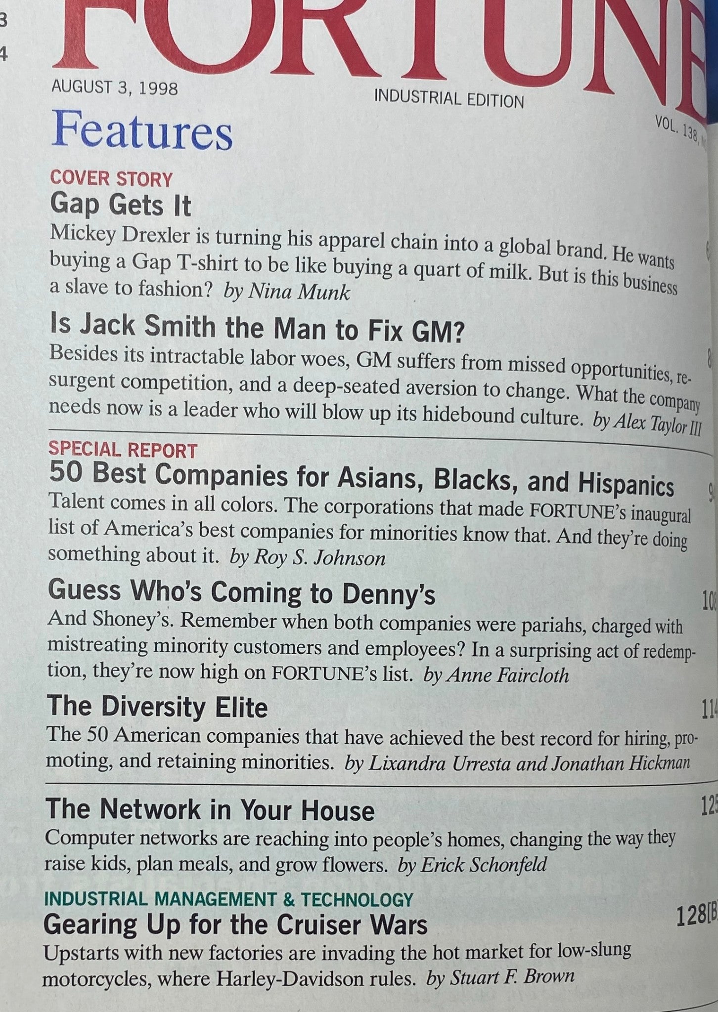 Features page from Fortune Magazine, August 3, 1998, listing articles including 'Gap Gets It' and 'Is Jack Smith the Man to Fix GM?'. This page reflects the focus on corporate leadership and diversity in the late 90s.