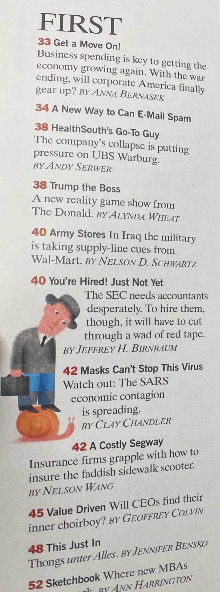 Image from Fortune Magazine, April 28, 2003, featuring articles on business spending and corporate strategies, highlighting significant themes like 'Get a Move On!' and 'A New Way to Can E-Mail Spam'.