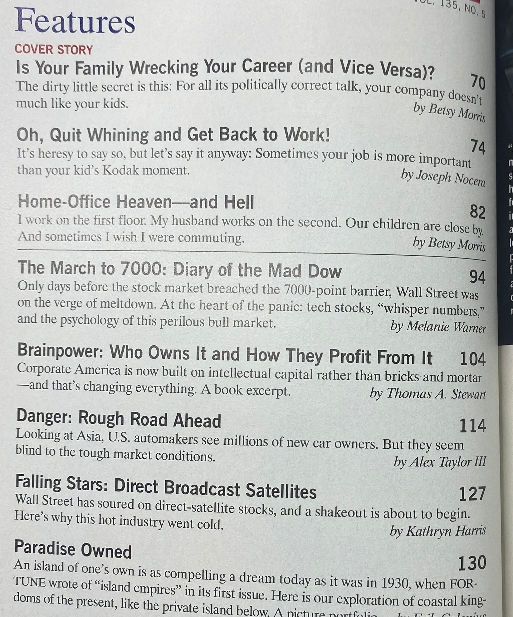 Feature article page from Fortune Magazine March 17, 1997, listing articles including 'Is Your Family Wrecking Your Career?' and 'The March to 7000: Diary of the Mad Dow'.