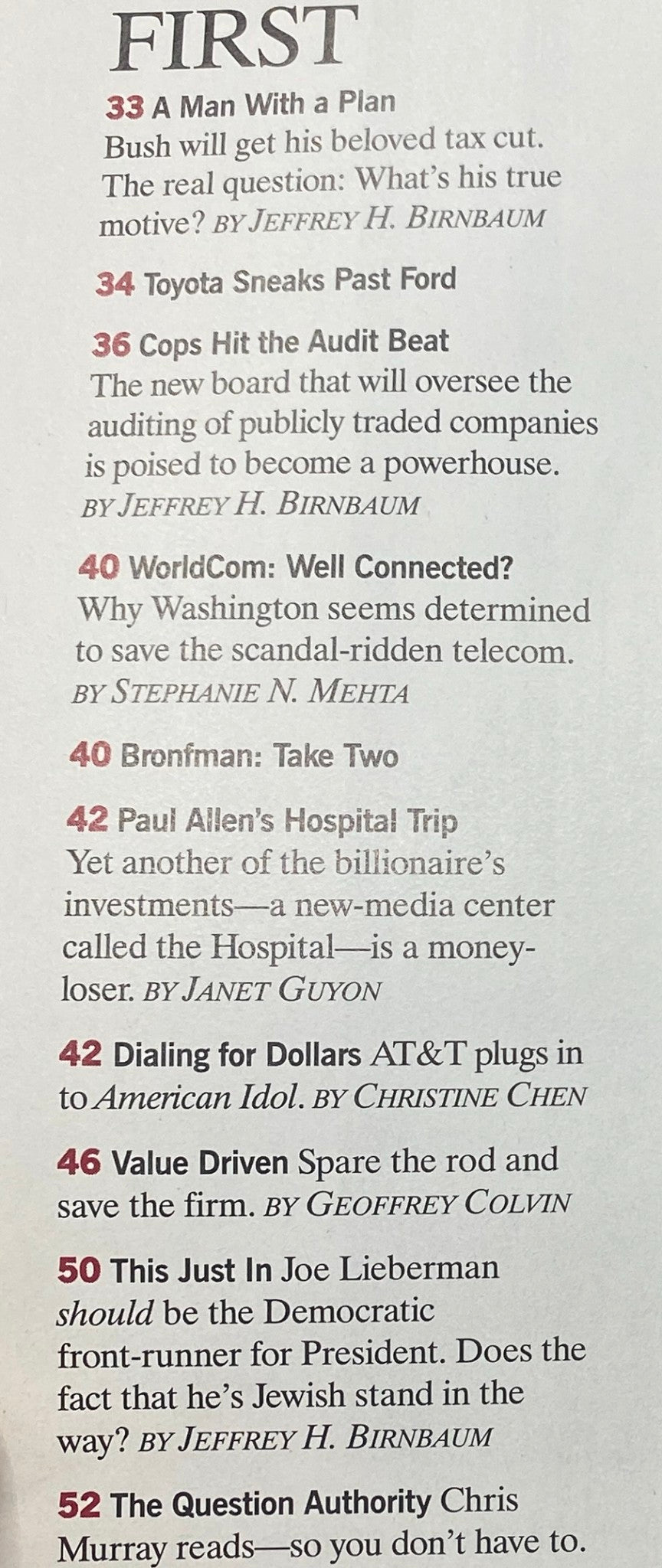 Article list page from Fortune Magazine June 9, 2003, showcasing key topics including 'A Man With a Plan' by Jeffrey H. Birnbaum and 'Cops Hit the Audit Beat', reflecting on political and auditing themes of the era.