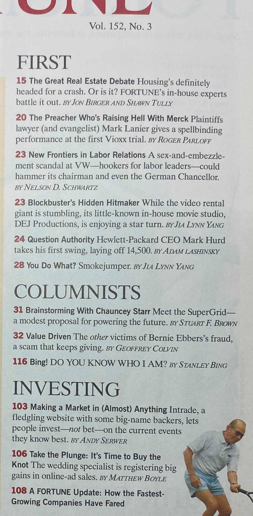 Contents page of Fortune Magazine, August 8, 2005, listing articles including real estate debate, insights on Hewlett-Packard, and discussions by columnists, providing a glimpse into the magazine's diverse topics.