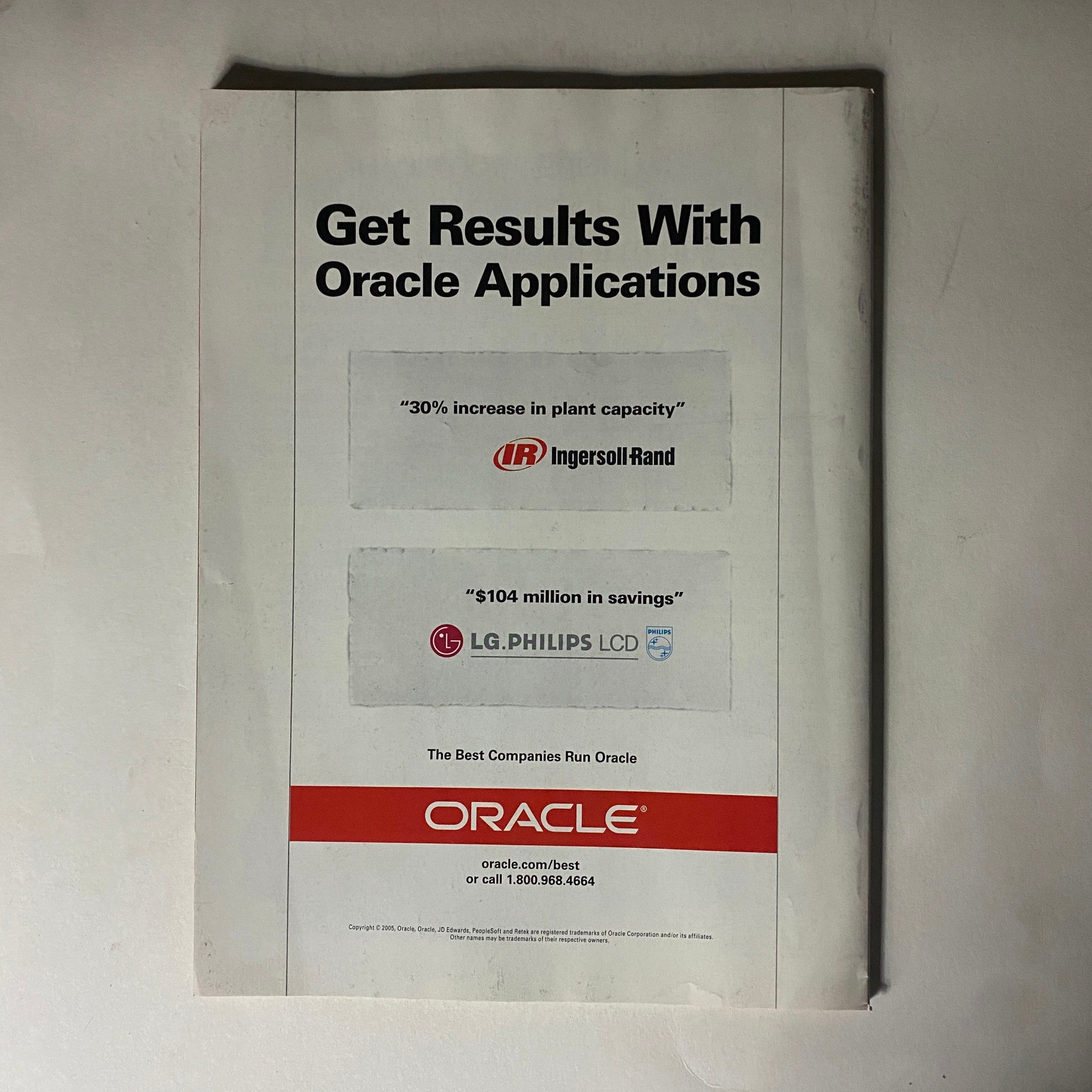 Advertisement page from Fortune Magazine August 8, 2005, featuring Oracle applications with a focus on success stories including Ingersoll Rand and LG Philips. This vintage magazine highlights Yahoo! and the future of advertising in the context of the tech industry's evolution.
