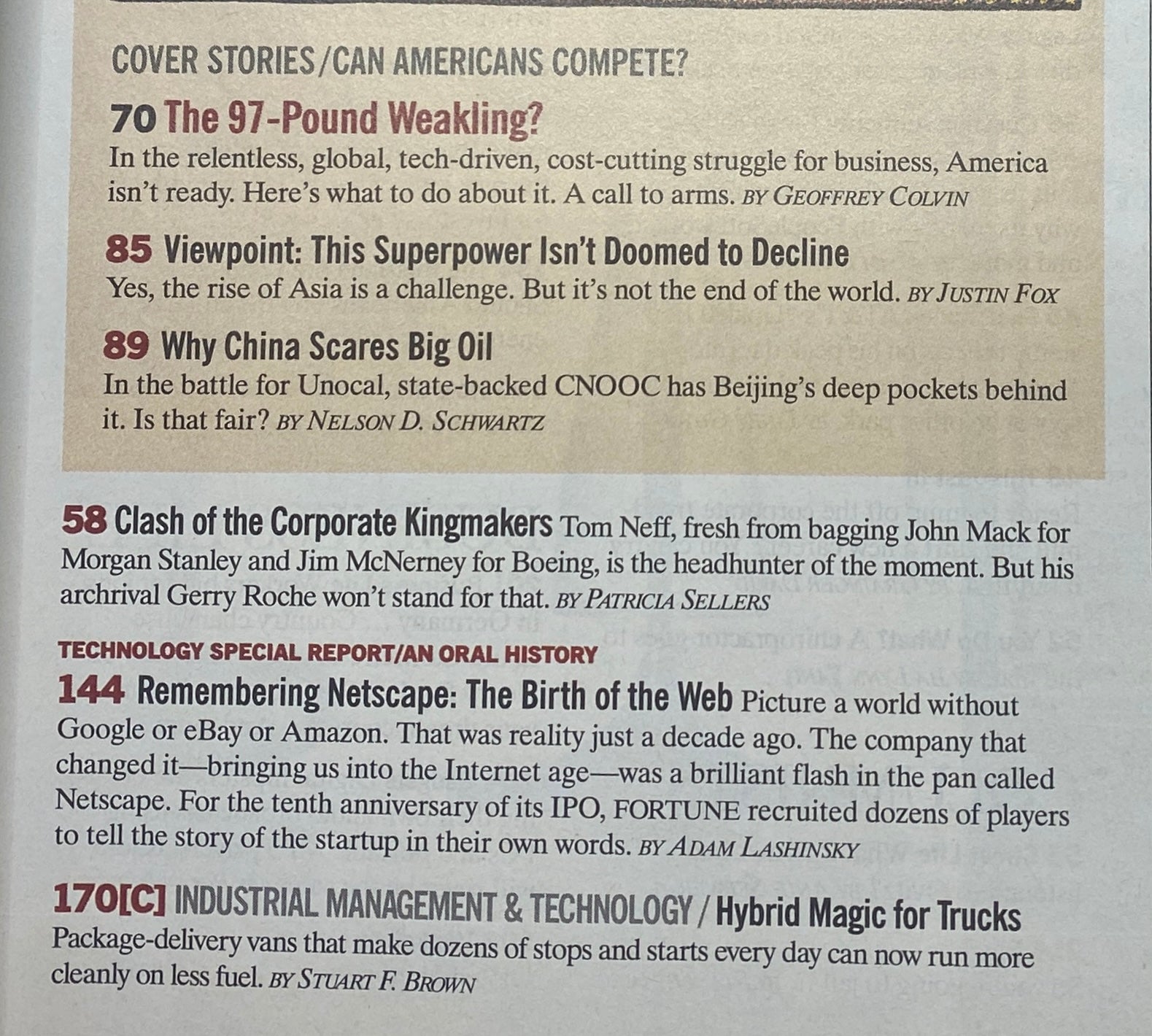 Fortune Magazine July 25, 2005 issue featuring the cover story 'The 97-Lb Weakling,' showcasing articles on competition in America and business insights.