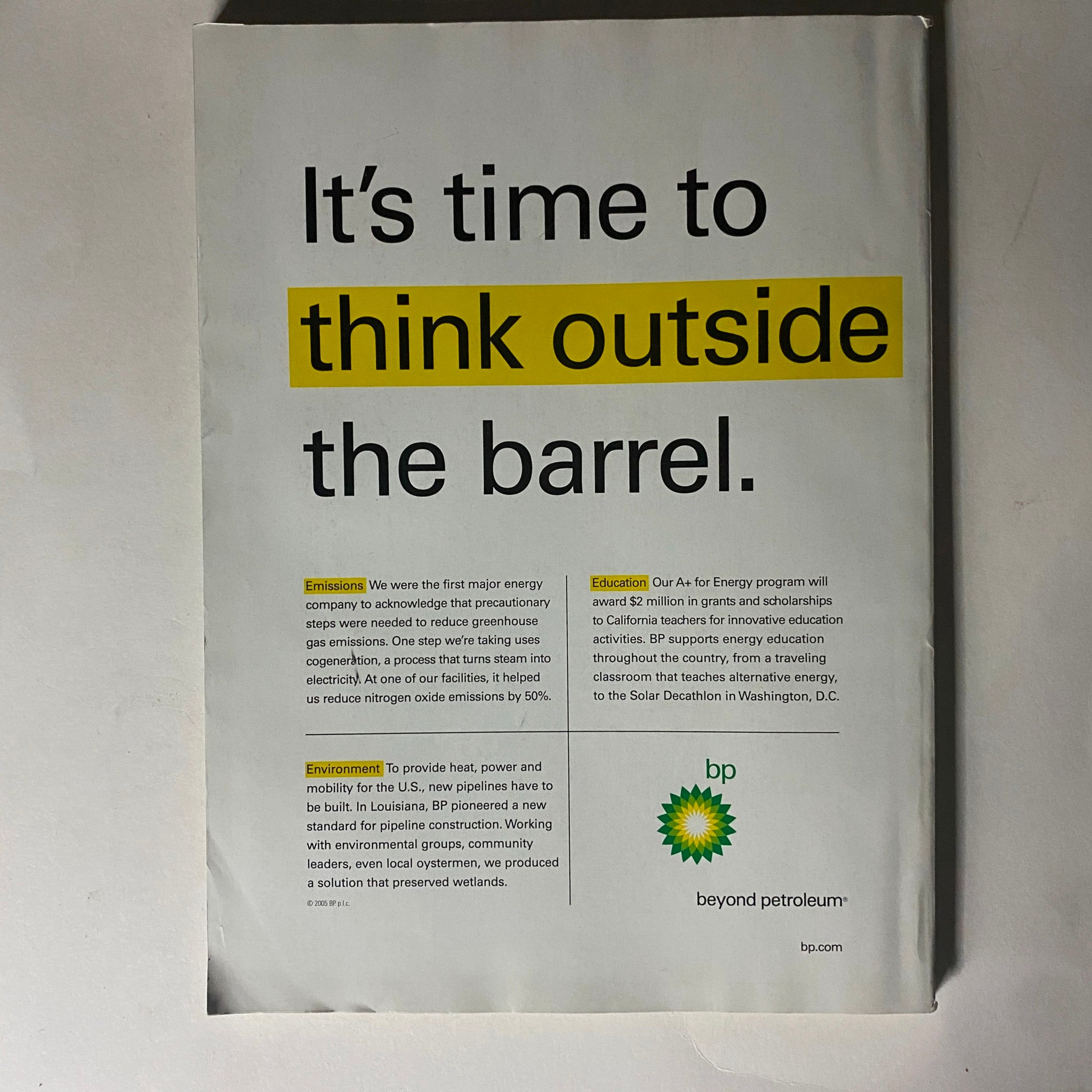 Back cover of Fortune Magazine July 25, 2005, titled 'It's time to think outside the barrel,' with a focus on environmental initiatives by BP.